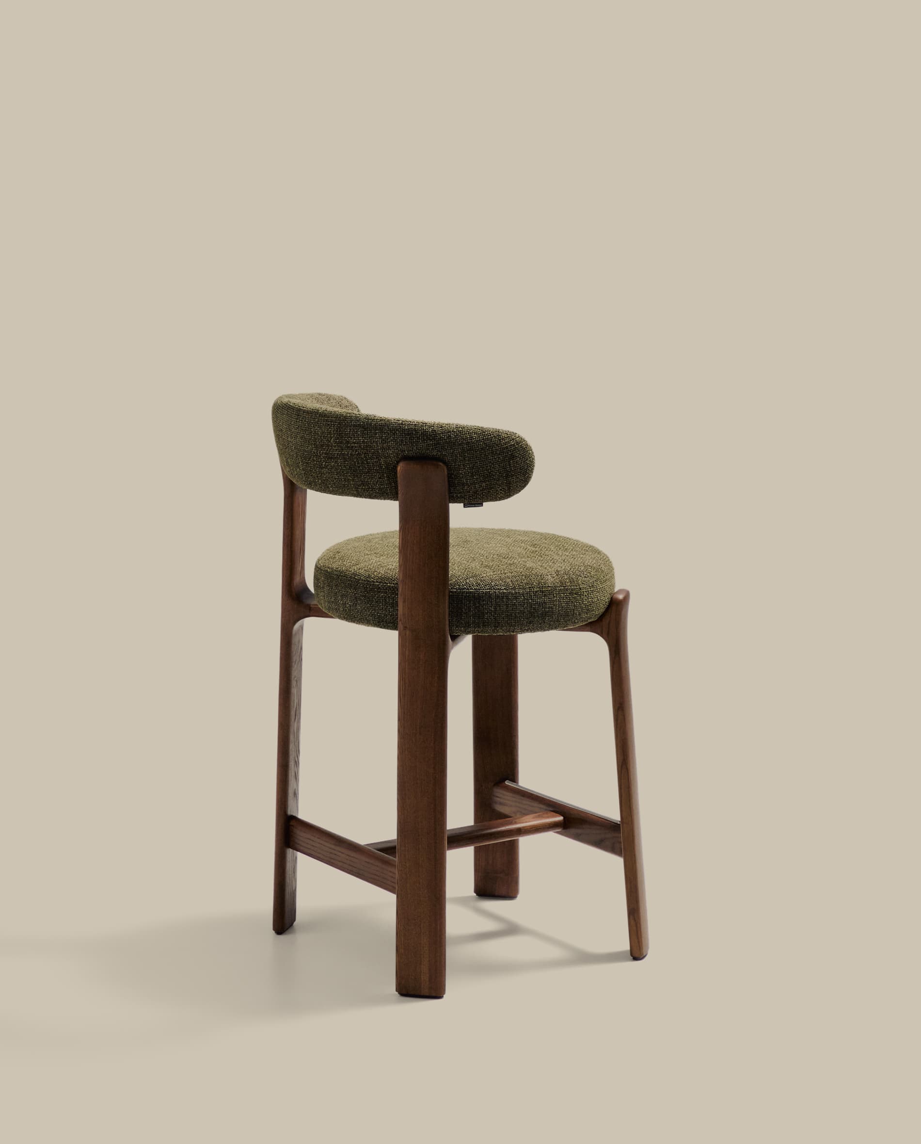 Granite fire-retardant stool with backrest in green chenille and solid ash wood with walnut-coloured finish FSC 100% 65cm