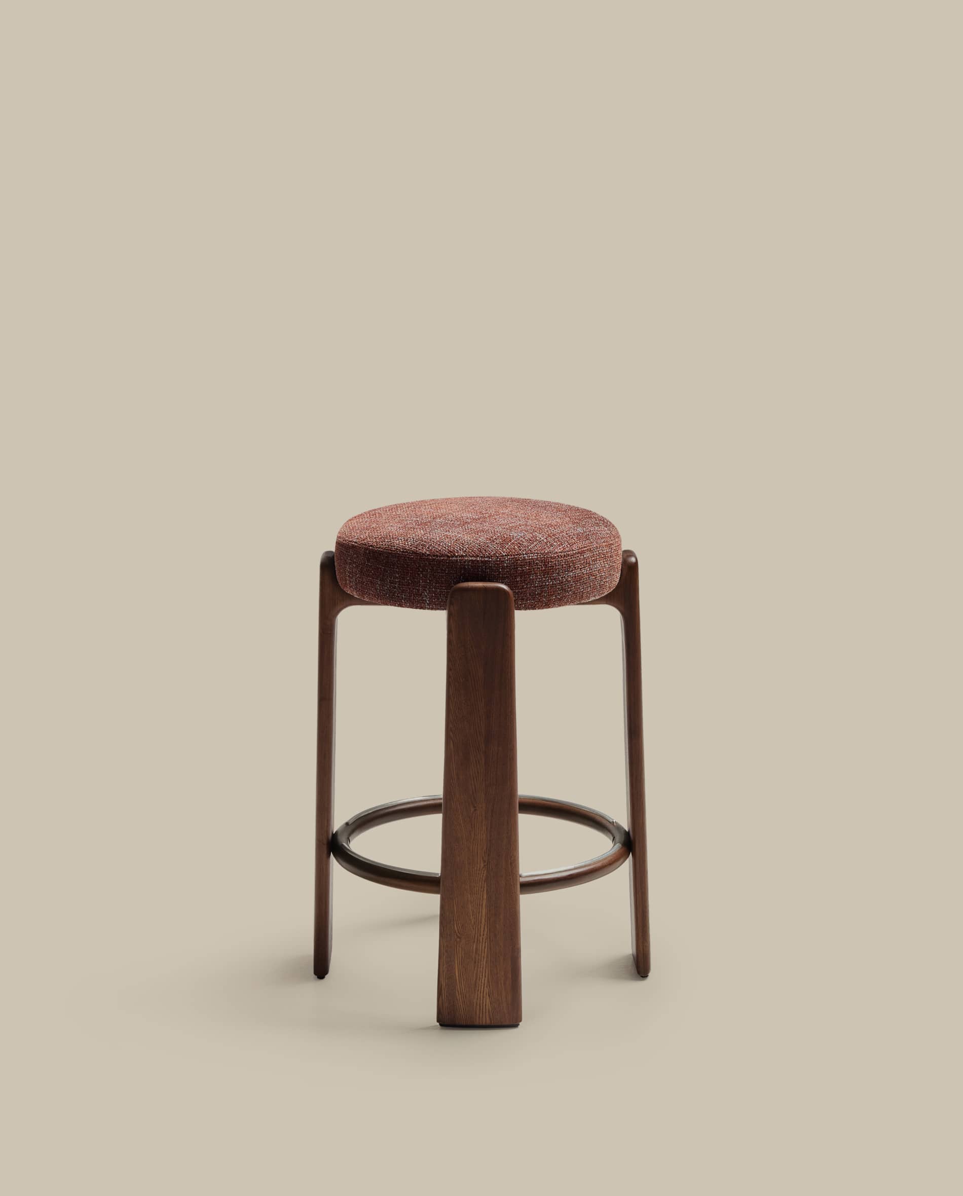 Granite fire-retardant stool in brown chenille and solid ash wood with walnut-coloured finish FSC 100% 75cm