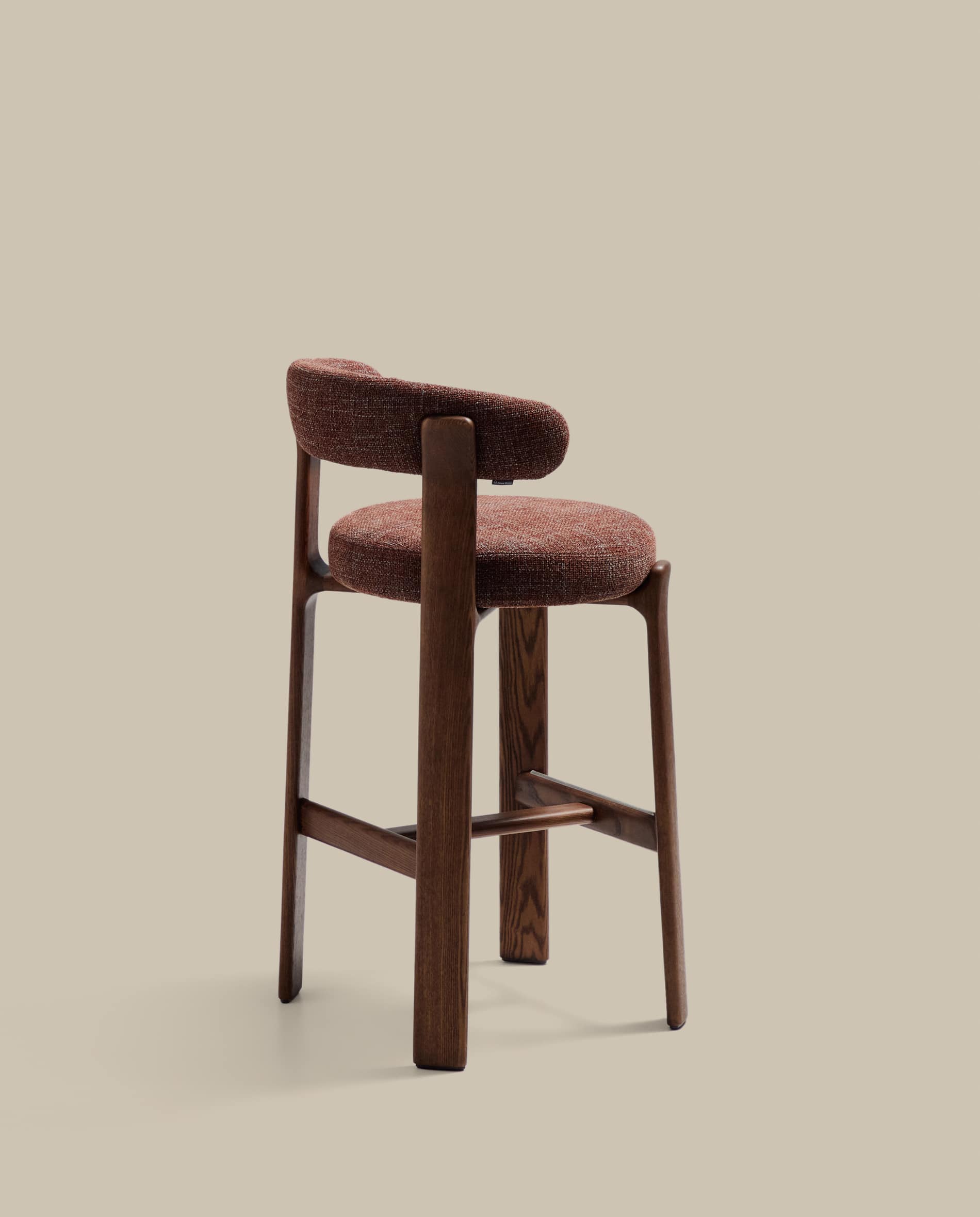 Granite fire-retardant stool with backrest in brown chenille and solid ash wood with walnut-coloured finish FSC 100% 75cm