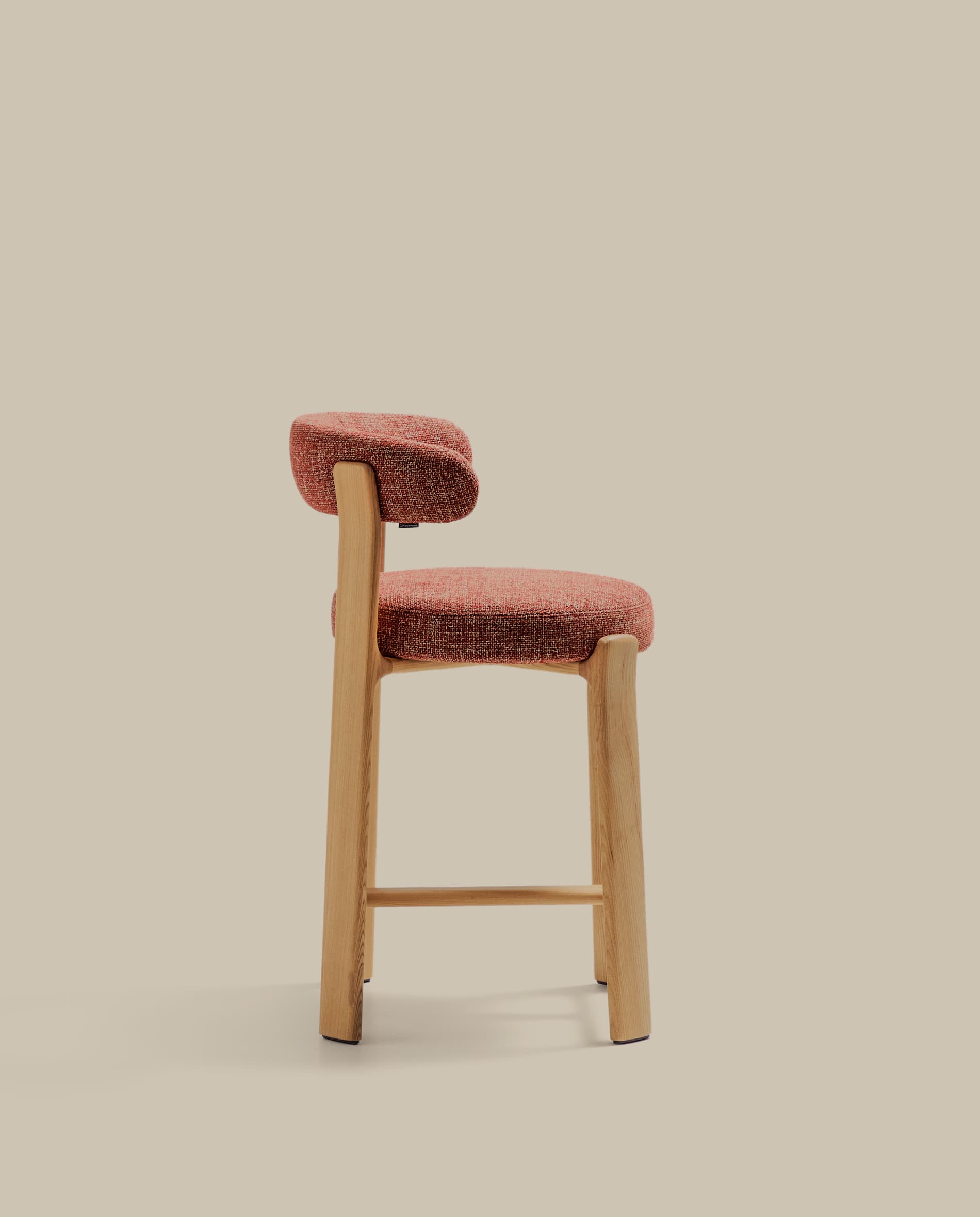 Granite fire-retardant stool with backrest in terracotta chenille and solid ash wood with natural-coloured finish FSC 100% 65cm