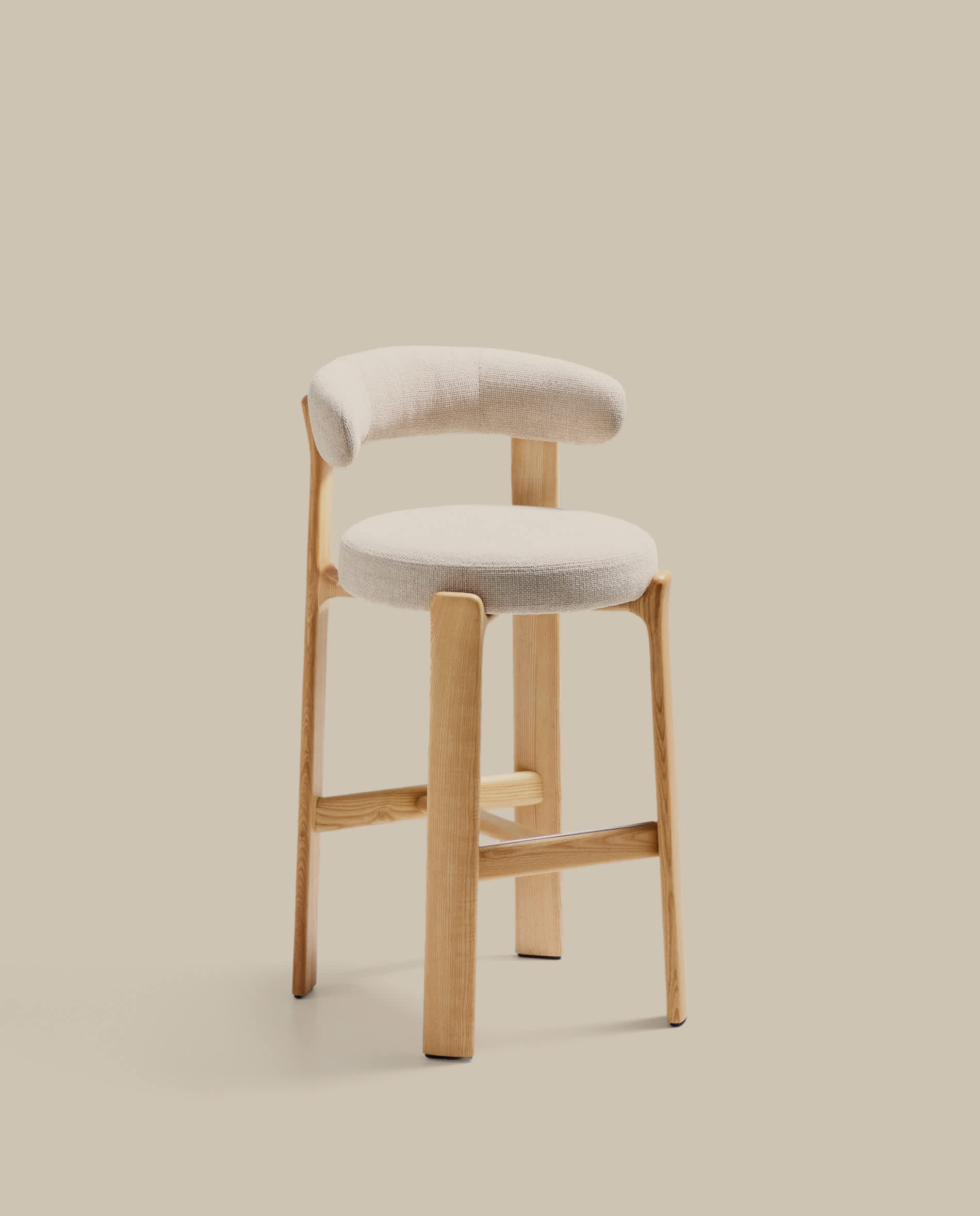 Granite fire-retardant stool with backrest in beige chenille and solid ash wood with natural-coloured finish FSC 100% 75cm