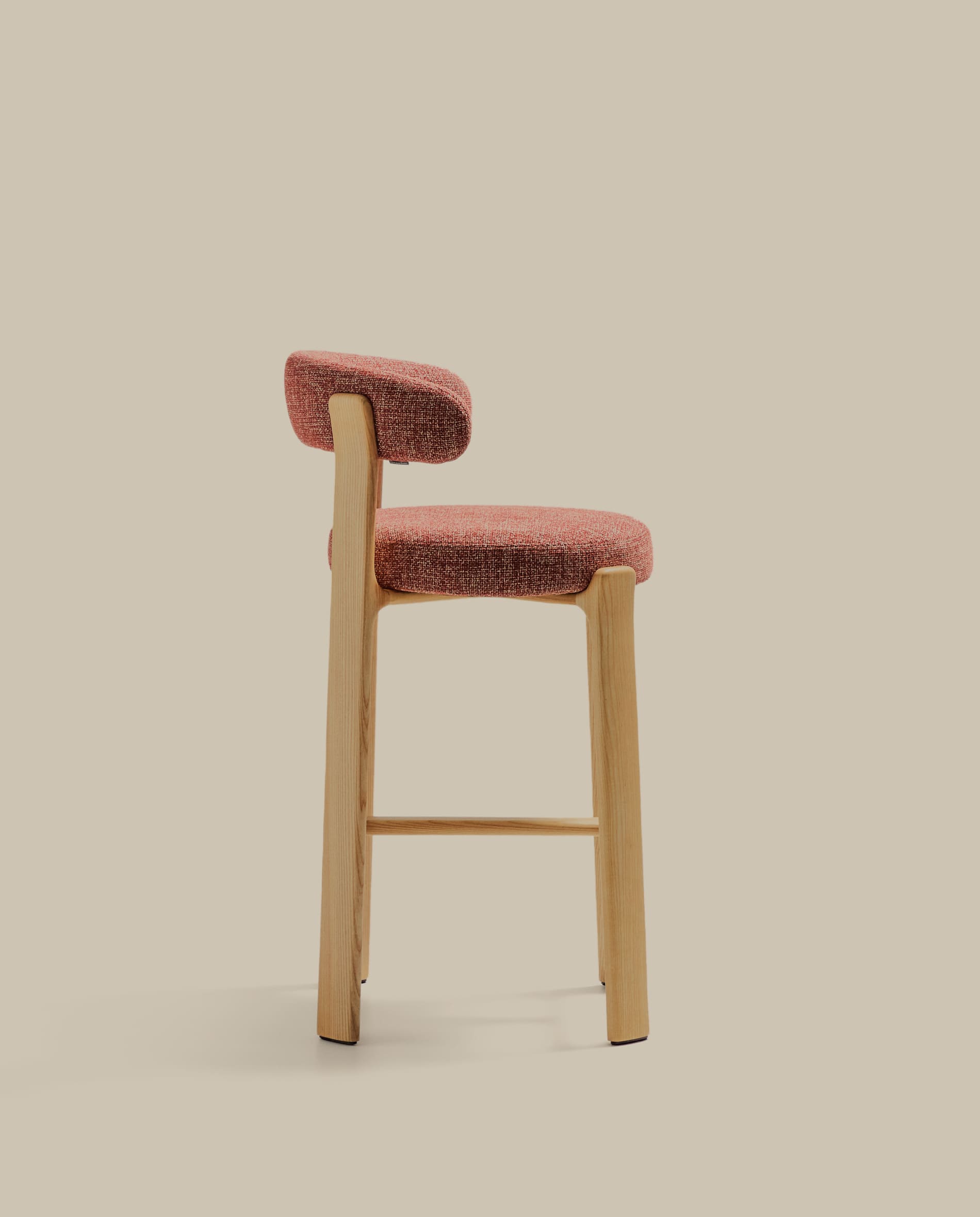 Granite fire-retardant stool with backrest in terracotta chenille and solid ash wood with natural-coloured finish FSC 100% 75cm