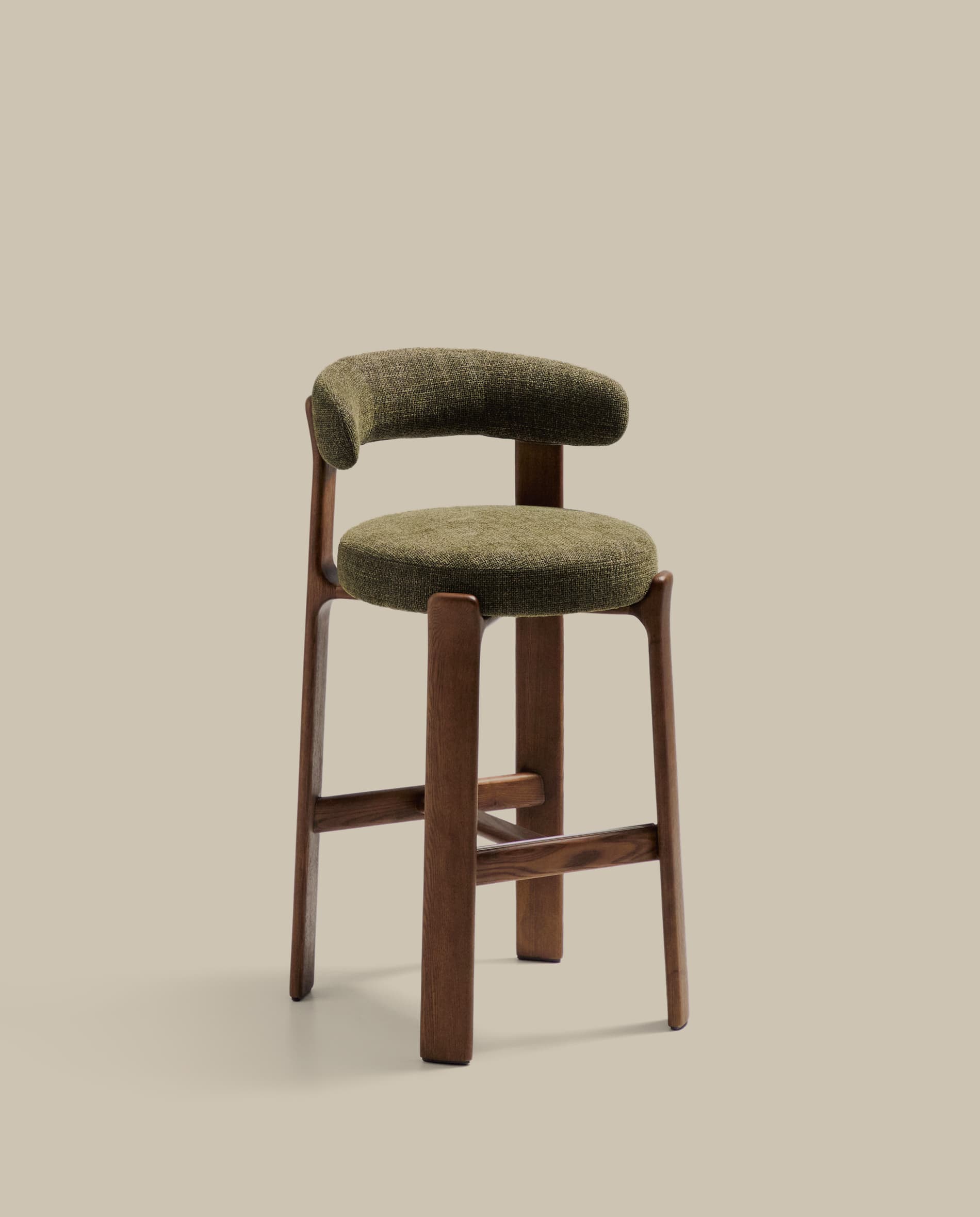 Granite fire-retardant stool with backrest in green chenille and solid ash wood with walnut-coloured finish FSC 100% 75cm