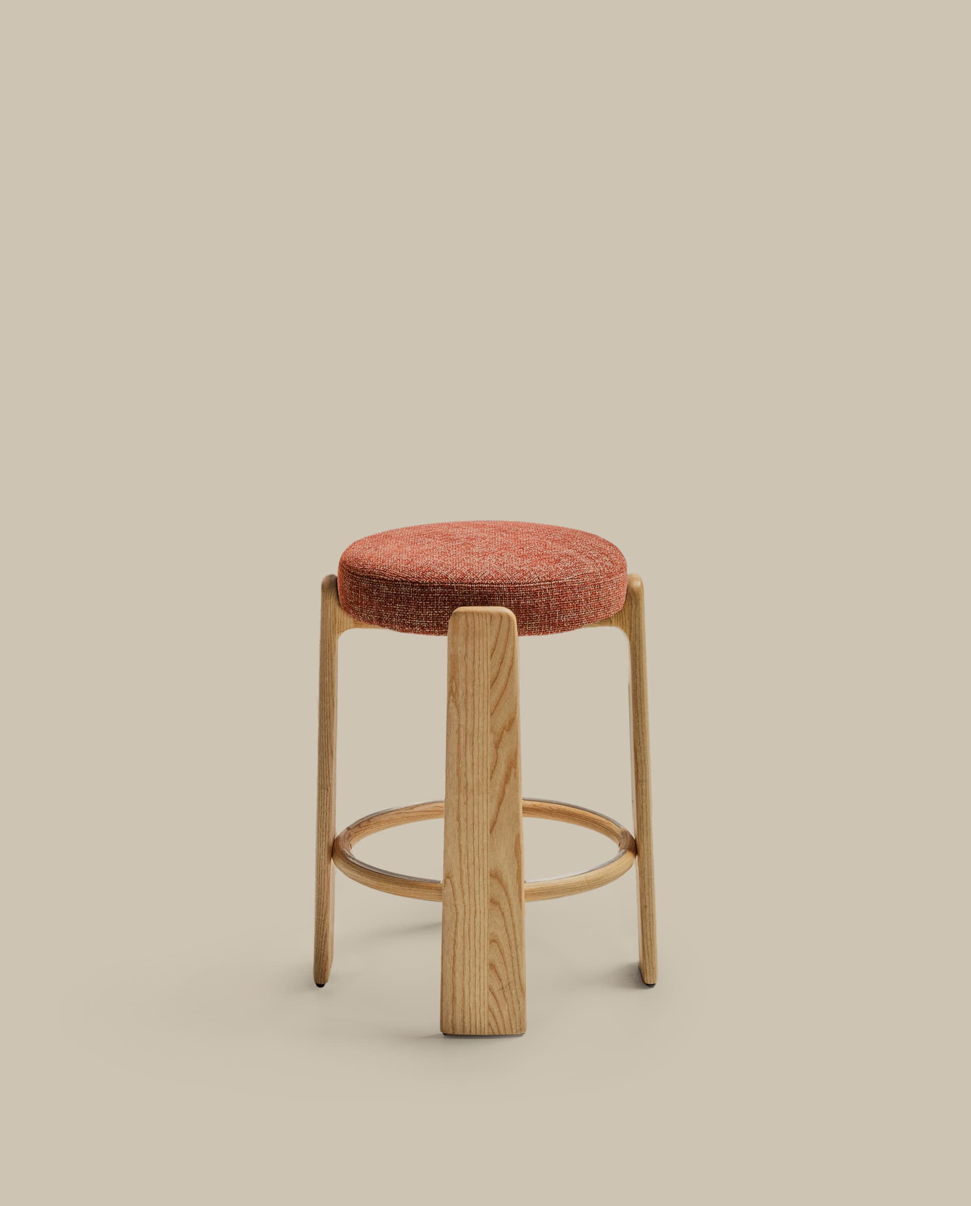 Granite stool in terracotta chenille and solid ash wood with a natural tone finish FSC 100% 65cm