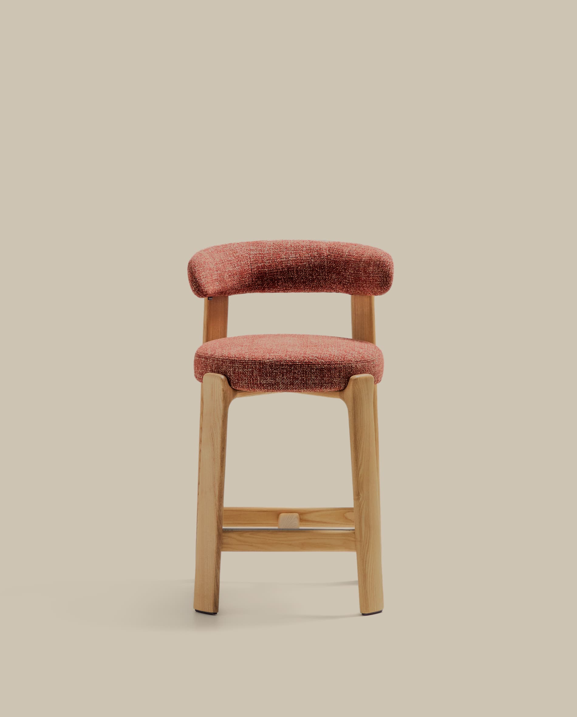 Granite stool in terracotta chenille and solid ash wood with natural tone finish FSC 100% 65cm