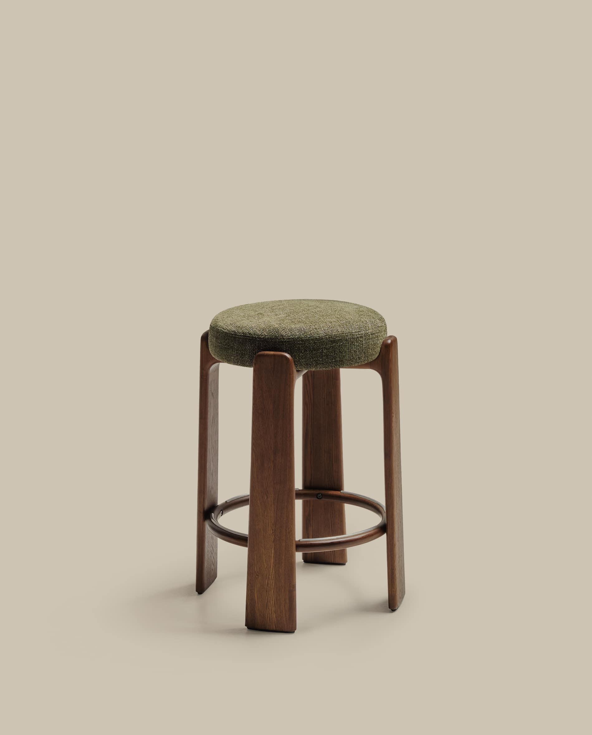 Granite fire-retardant stool in green chenille and solid ash wood with walnut-coloured finish FSC 100% 75cm