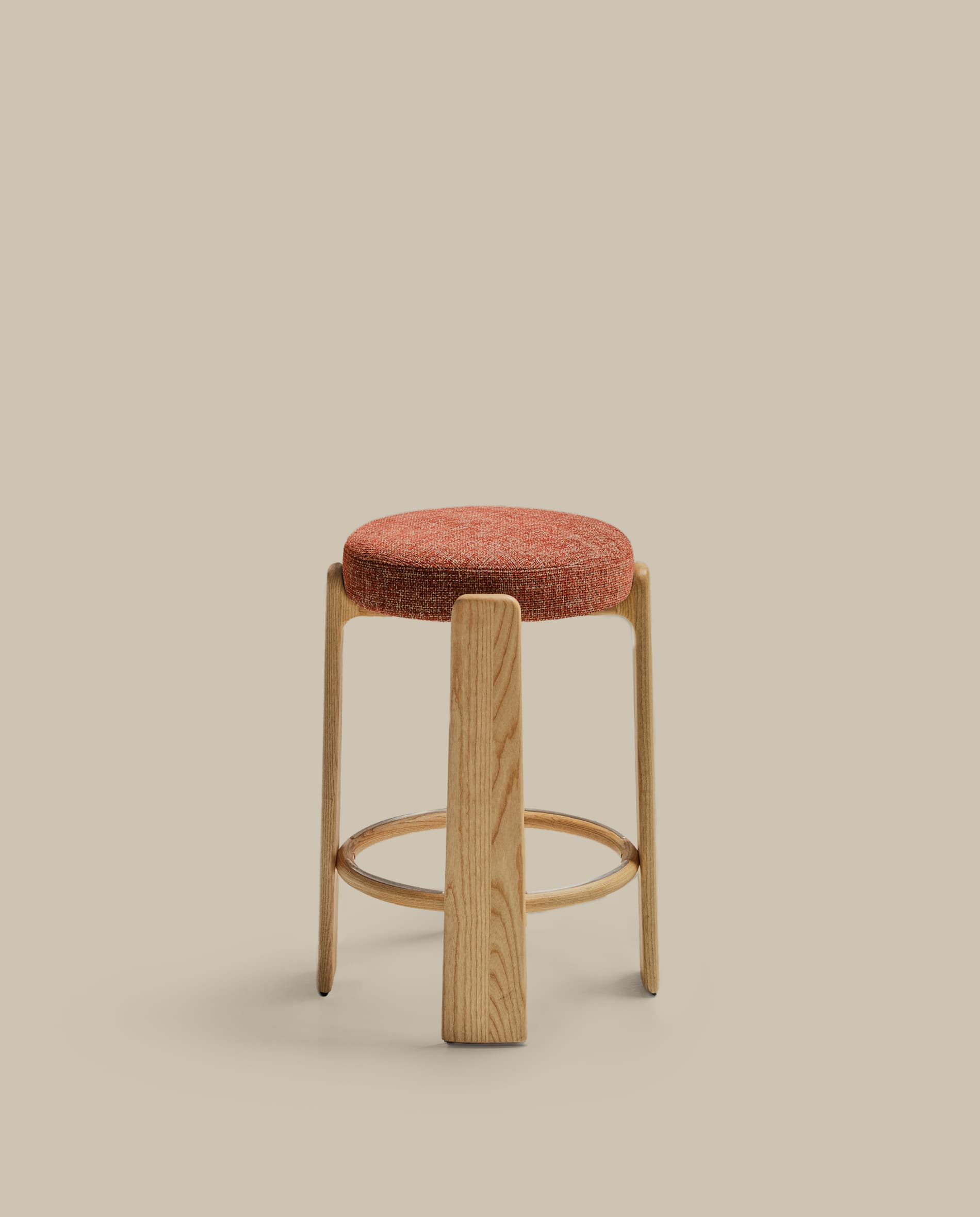 Granite stool in terracotta chenille and solid ash wood with a natural tone finish FSC 100% 75cm