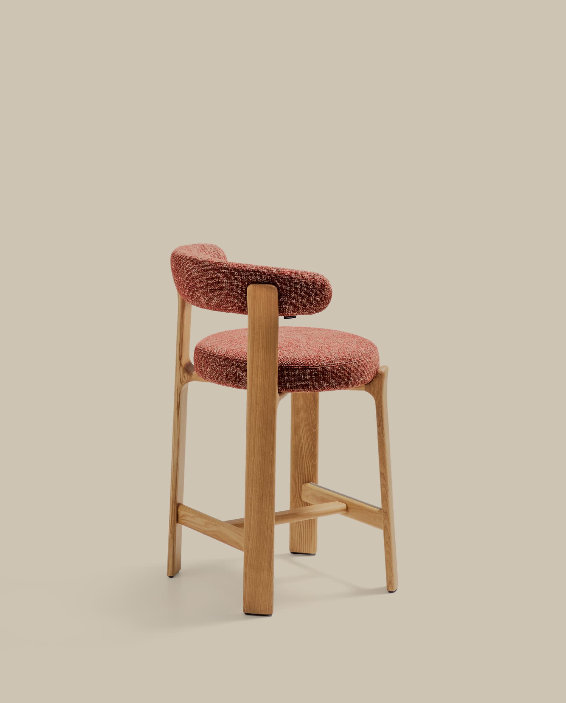 Granite fire-retardant stool with backrest in terracotta chenille and solid ash wood with natural-coloured finish FSC 100% 65cm