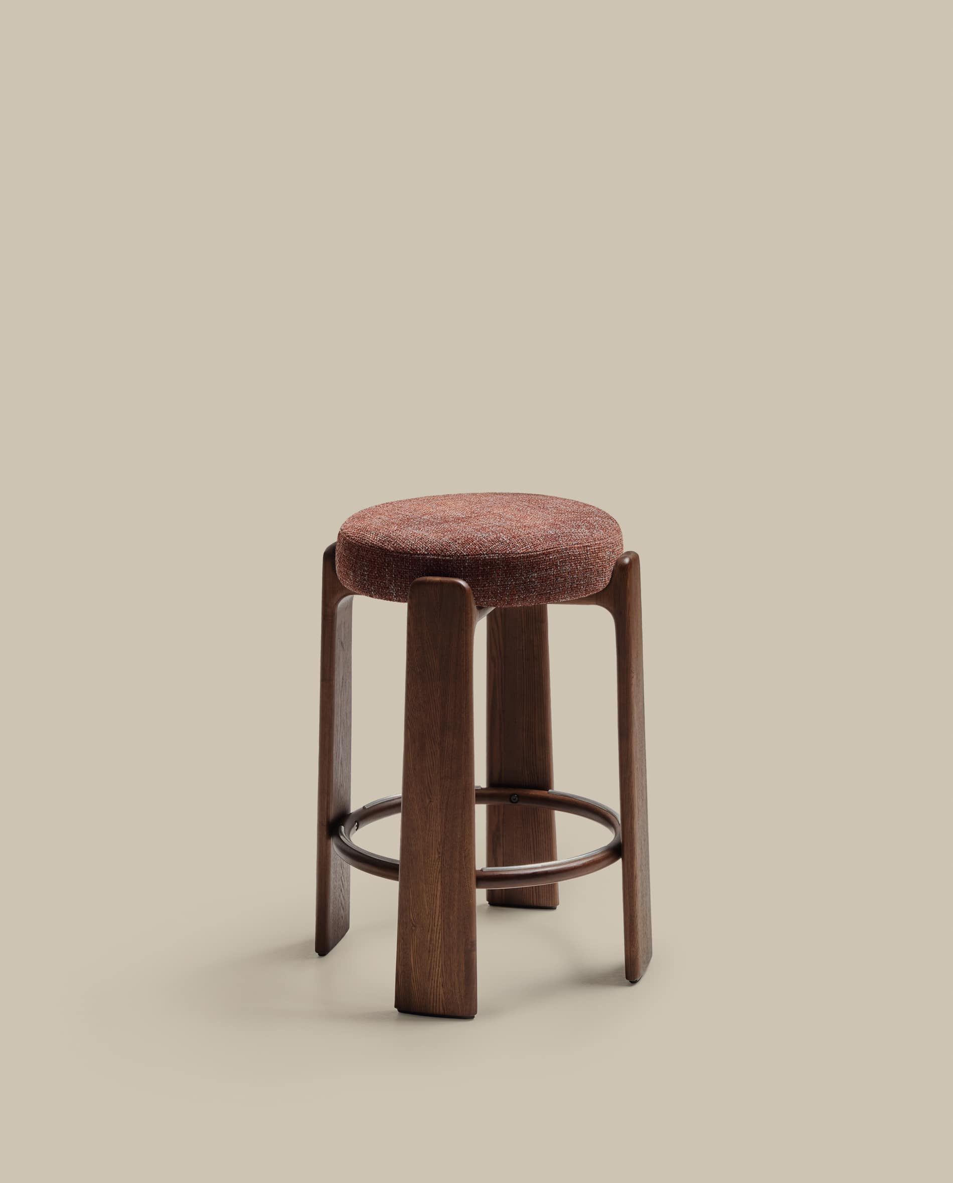 Granite fire-retardant stool in brown chenille and solid ash wood with walnut-coloured finish FSC 100% 75cm