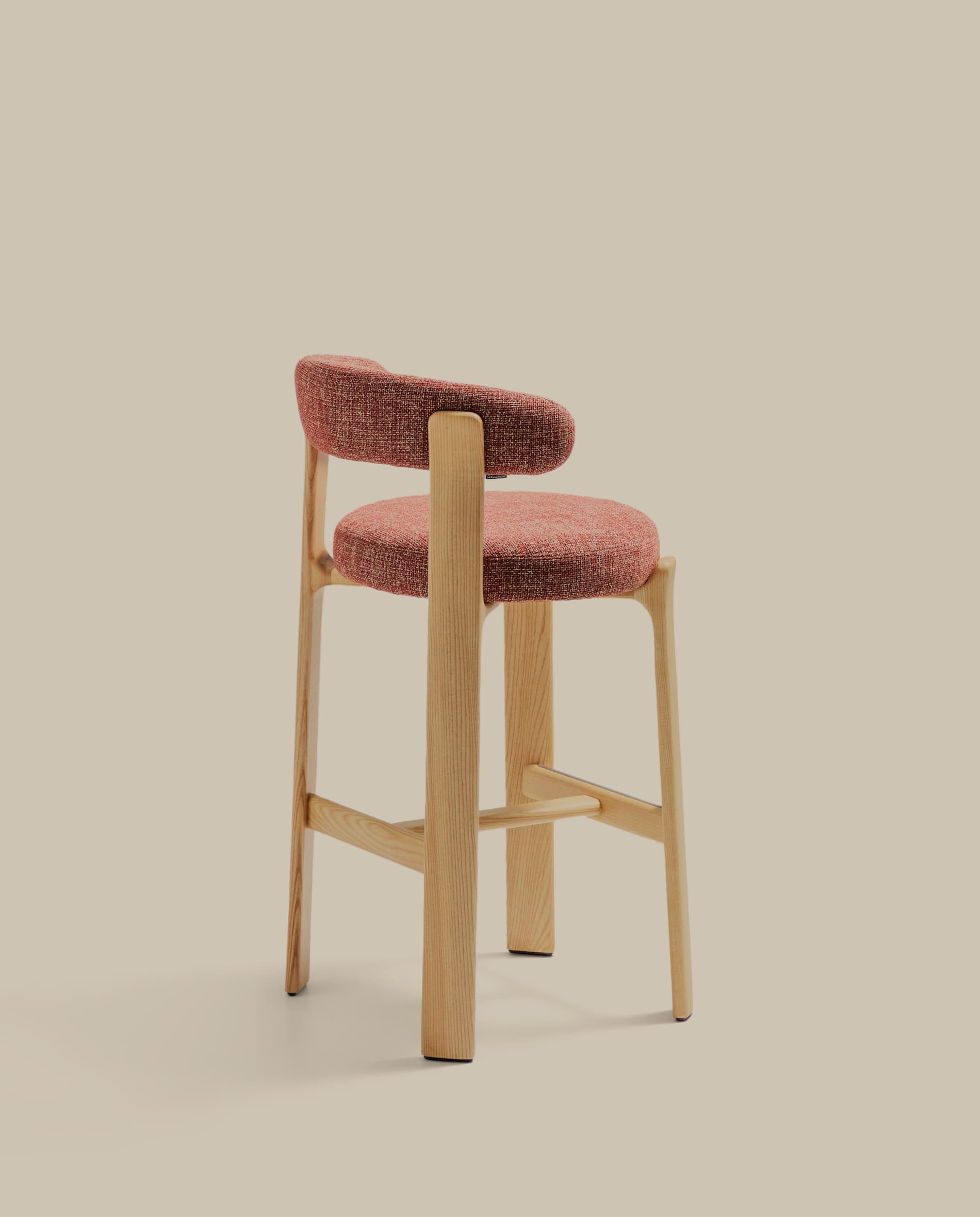 Granite fire-retardant stool with backrest in terracotta chenille and solid ash wood with natural-coloured finish FSC 100% 75cm