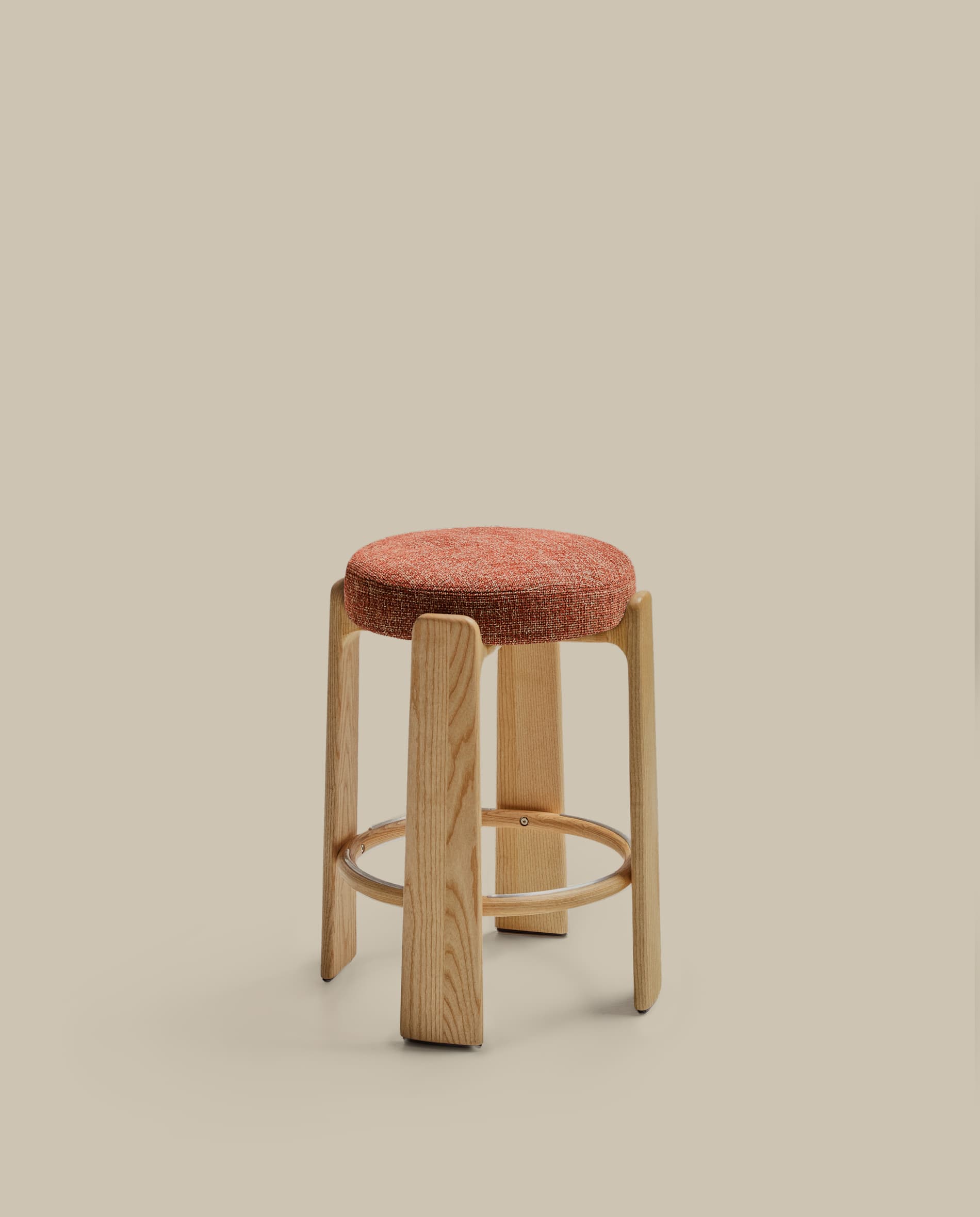 Granite fire-retardant stool in terracotta chenille and solid ash wood with natural finish FSC 100% 65 cm
