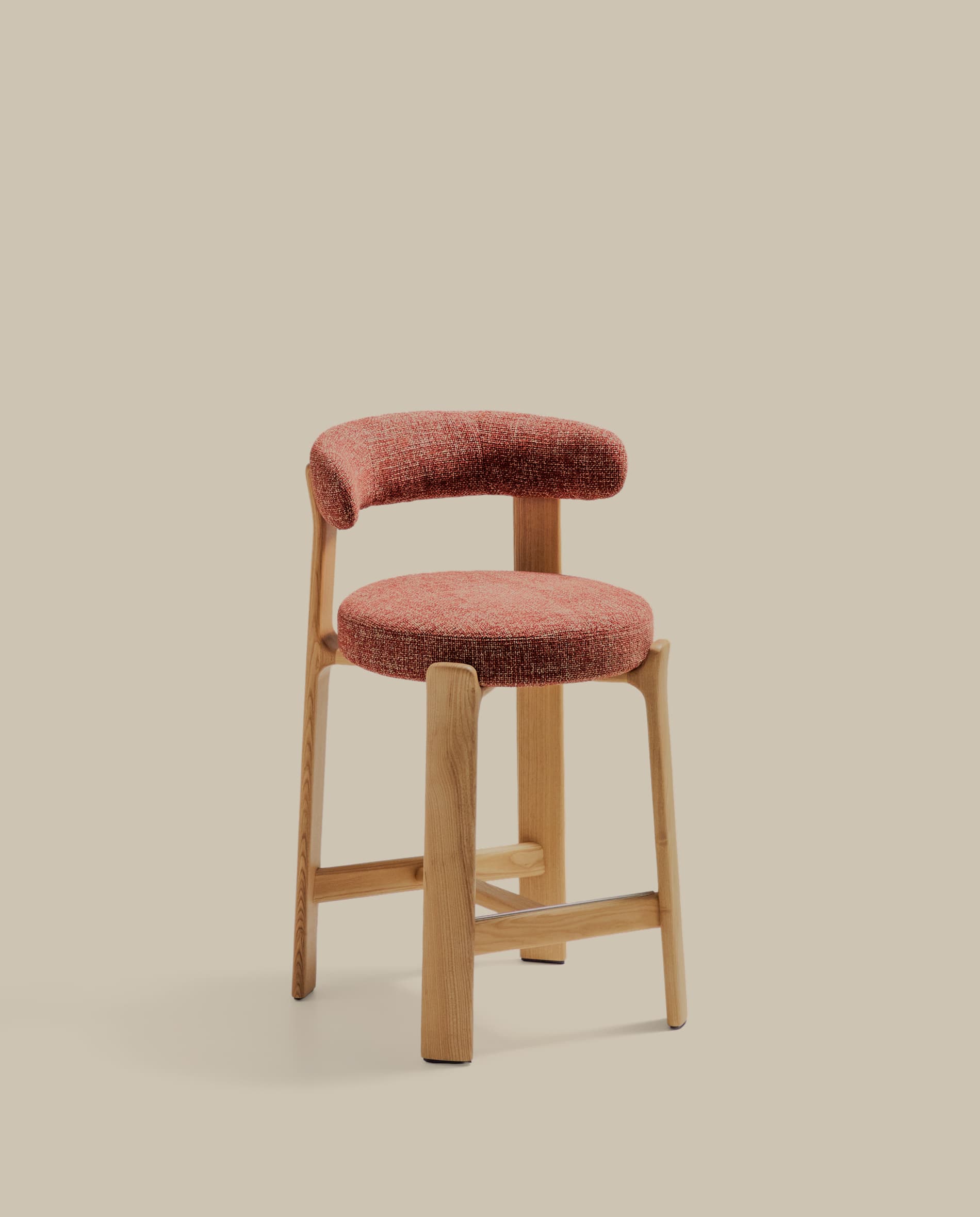 Granite fire-retardant stool with backrest in terracotta chenille and solid ash wood with natural-coloured finish FSC 100% 65cm