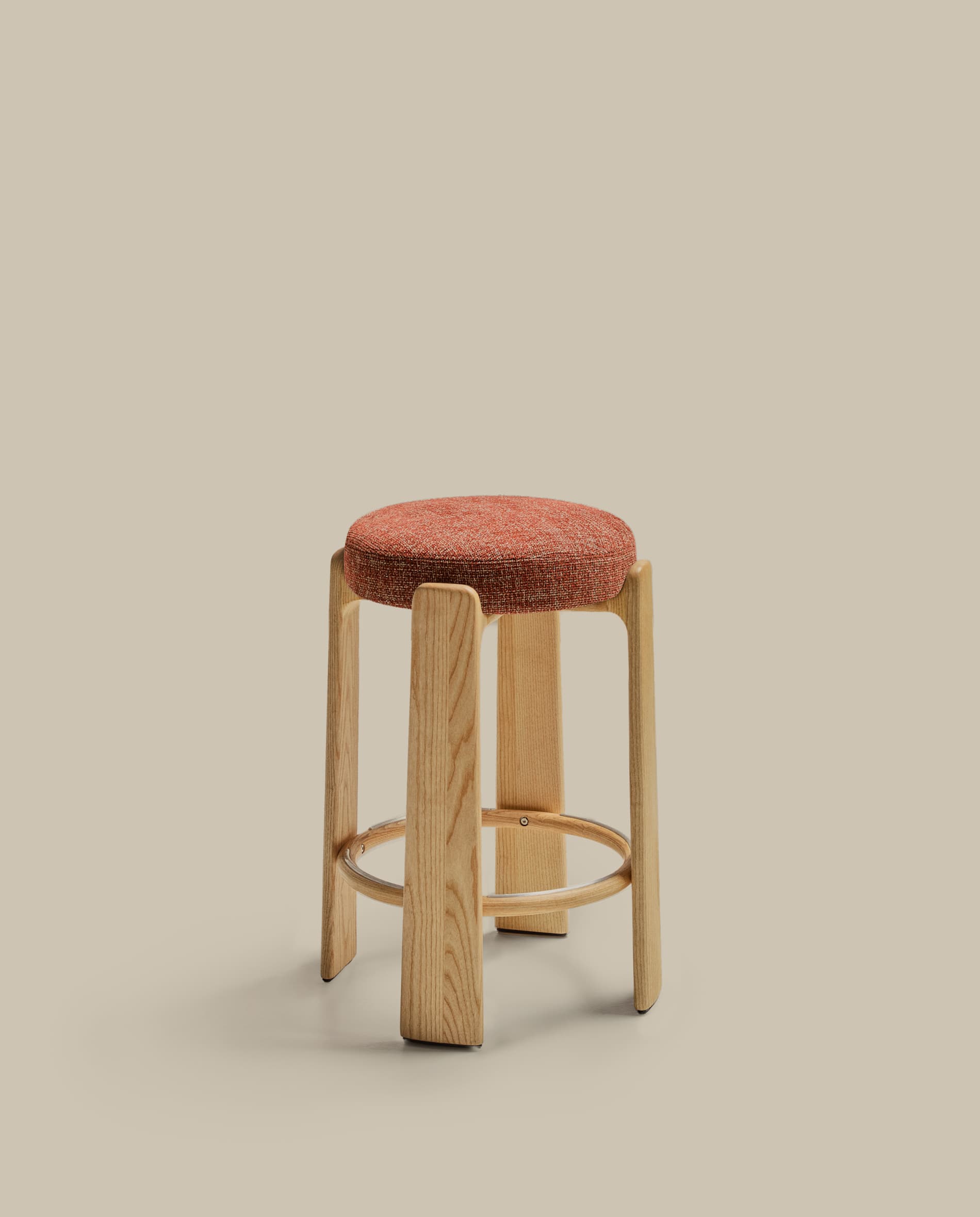 Granite fire-retardant stool in terracotta chenille and solid ash wood with natural finish FSC 100% 75 cm