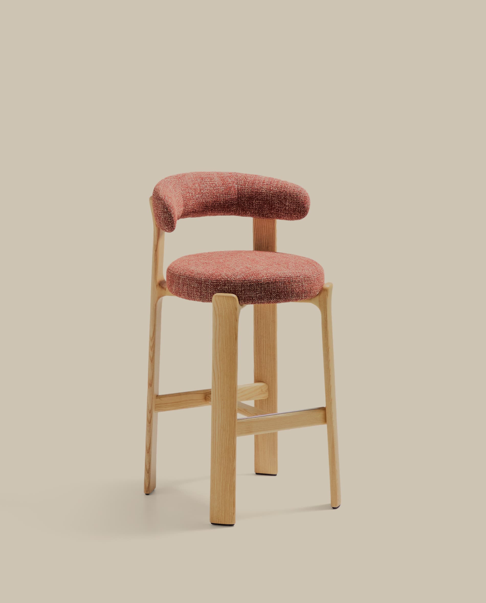 Granite fire-retardant stool with backrest in terracotta chenille and solid ash wood with natural-coloured finish FSC 100% 75cm