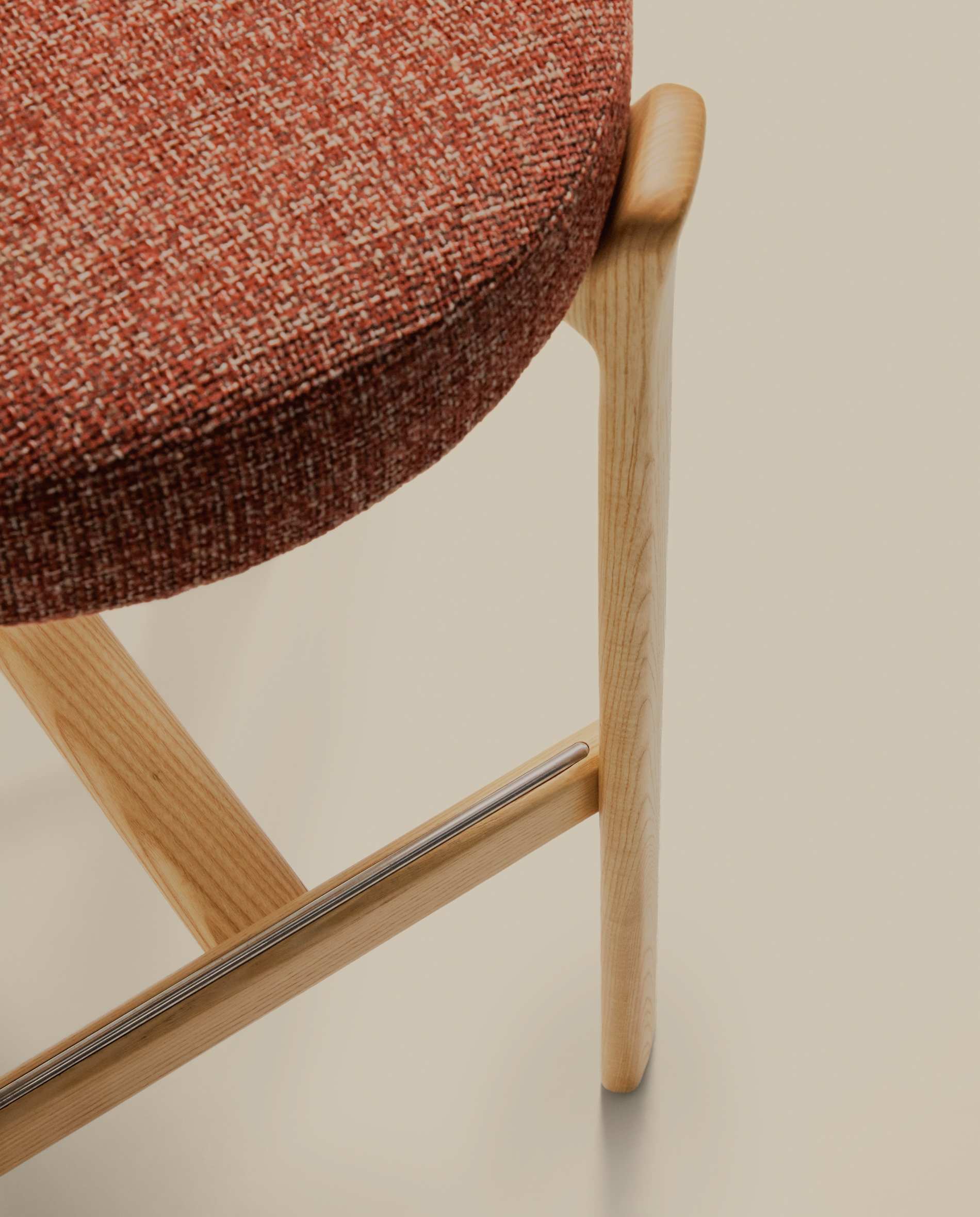 Granite fire-retardant stool with backrest in terracotta chenille and solid ash wood with natural-coloured finish FSC 100% 75cm