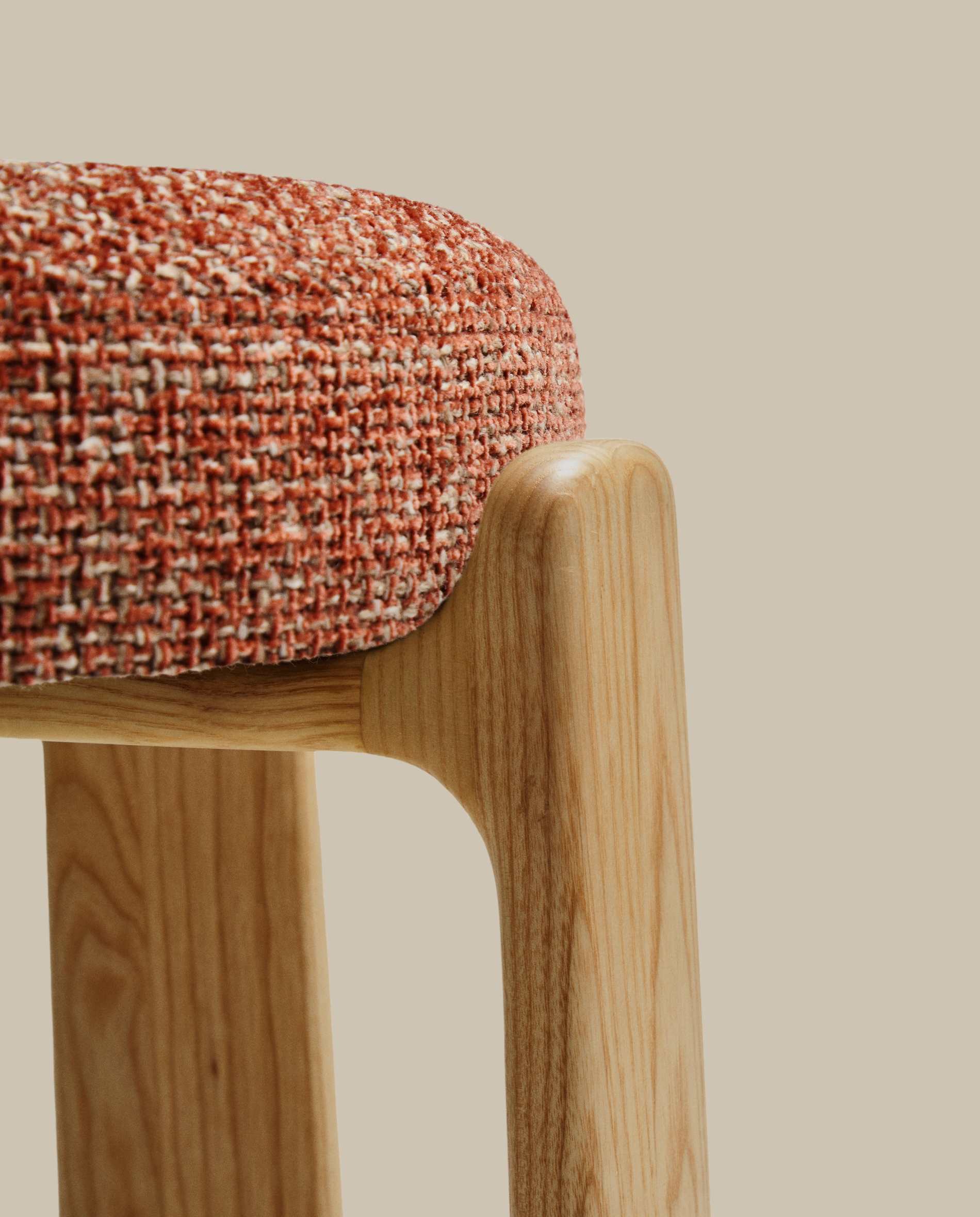 Granite stool in terracotta chenille and solid ash wood with a natural tone finish FSC 100% 75cm