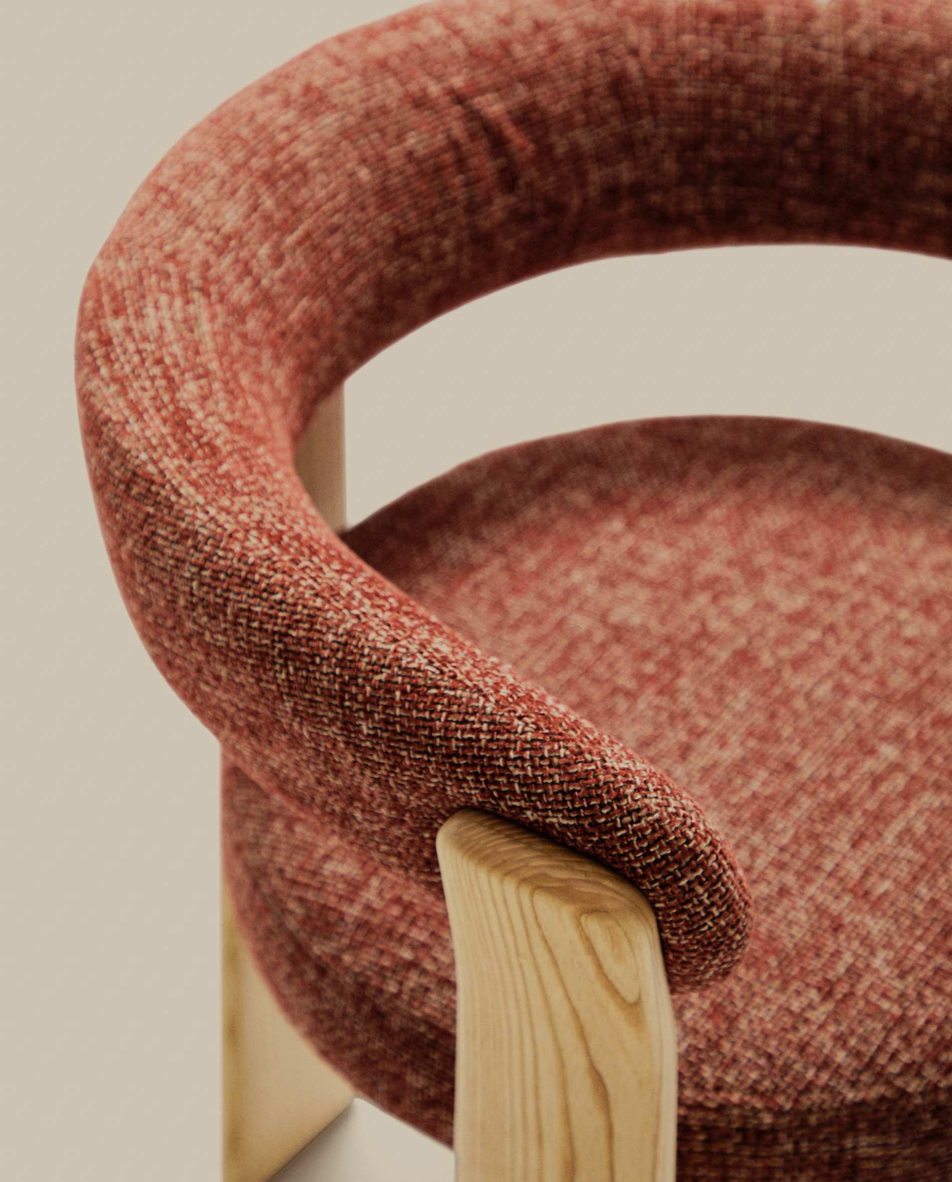 Granite 3-legged chair terracotta chenille and solid ash wood in a natural tone finish FSC 100%