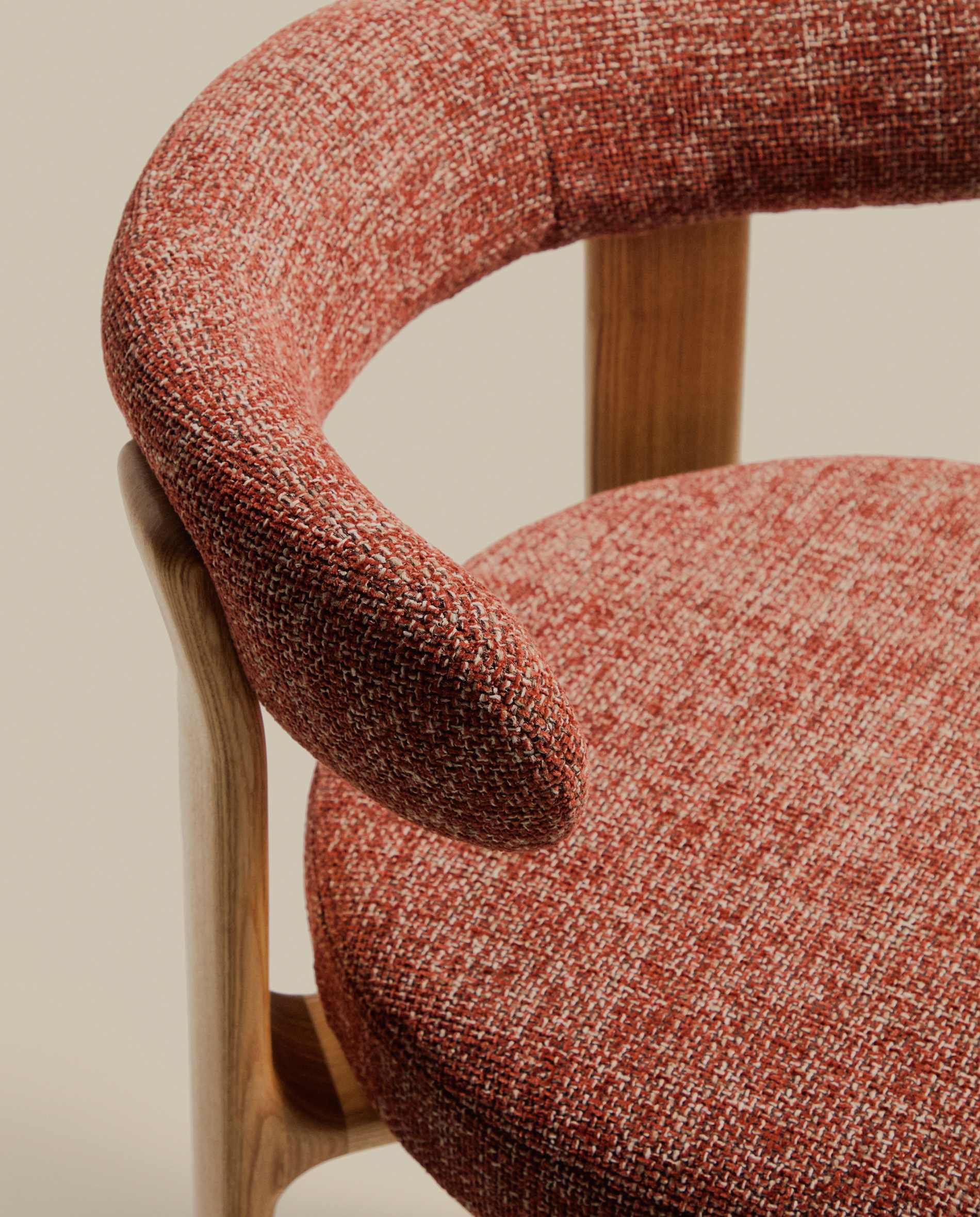 Granite stool in terracotta chenille and solid ash wood with natural tone finish FSC 100% 75cm
