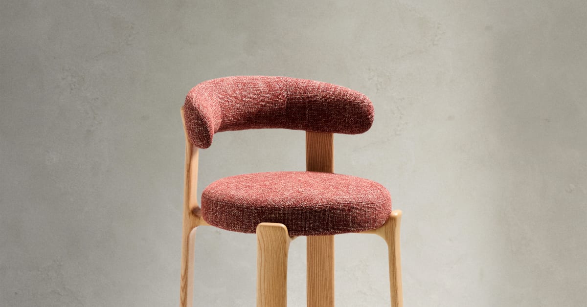 稀少品　EI STOOL SHEET ND PATCH ver. A Granite stool in terracotta chenille and solid ash wood with