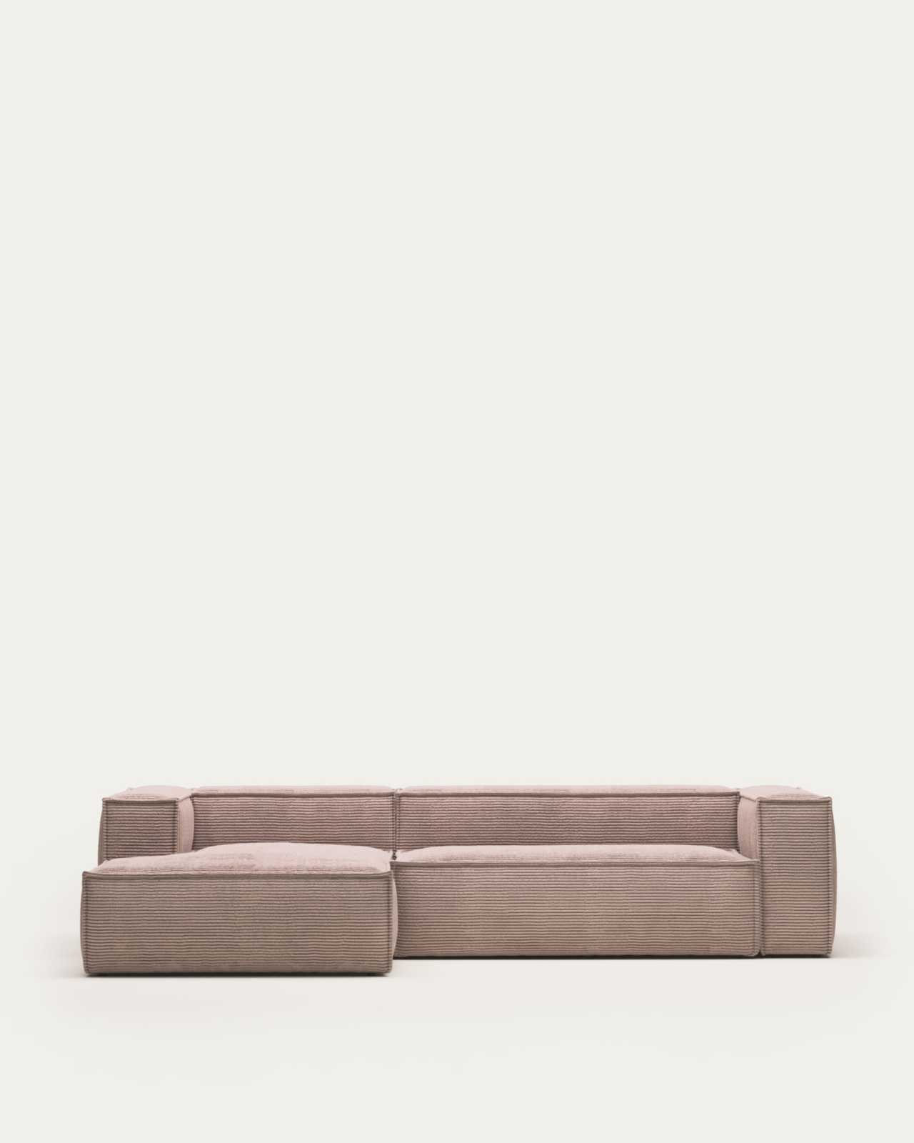 Blok fire-retardant 3-seater sofa with left chaise longue in thick pink corduroy 300cm