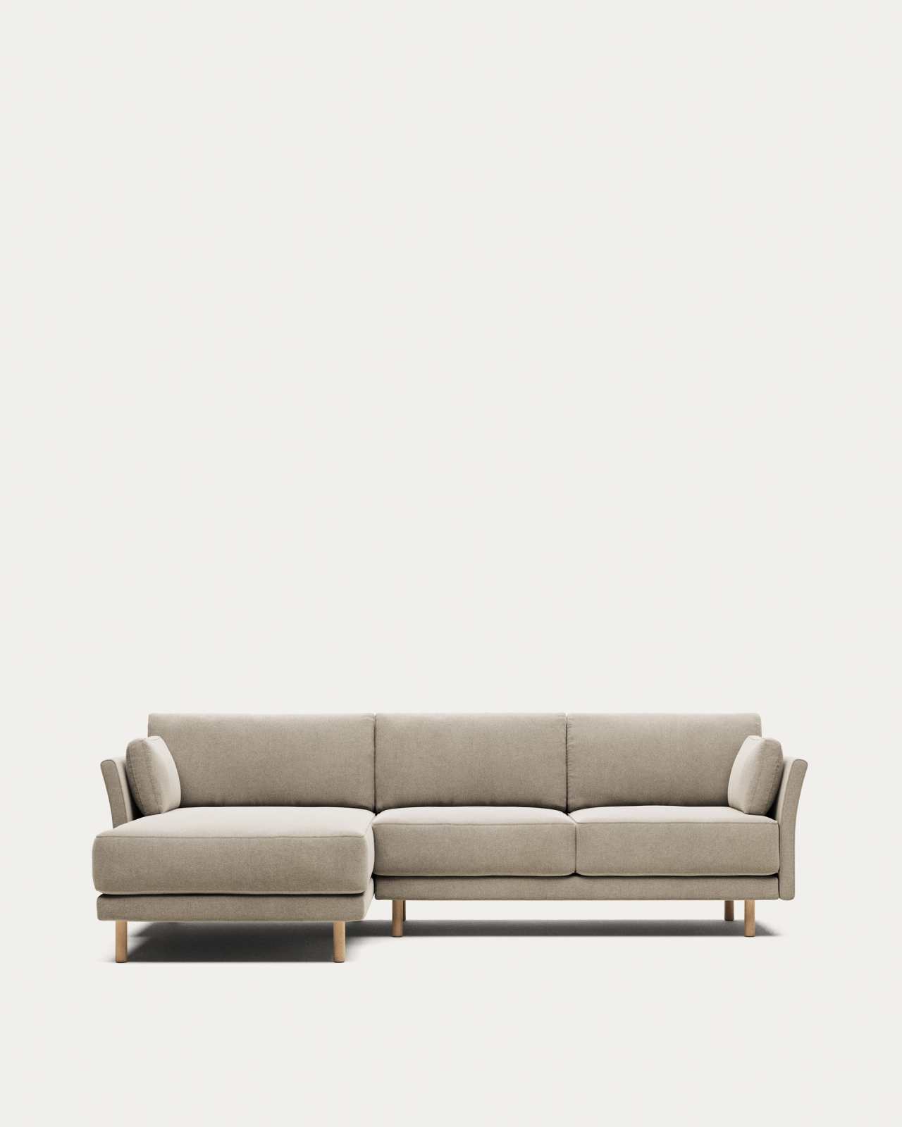 Gilma fire-retardant 3-seater sofa with right/left chaise longue in beige chenille with natural-finish legs 260cm