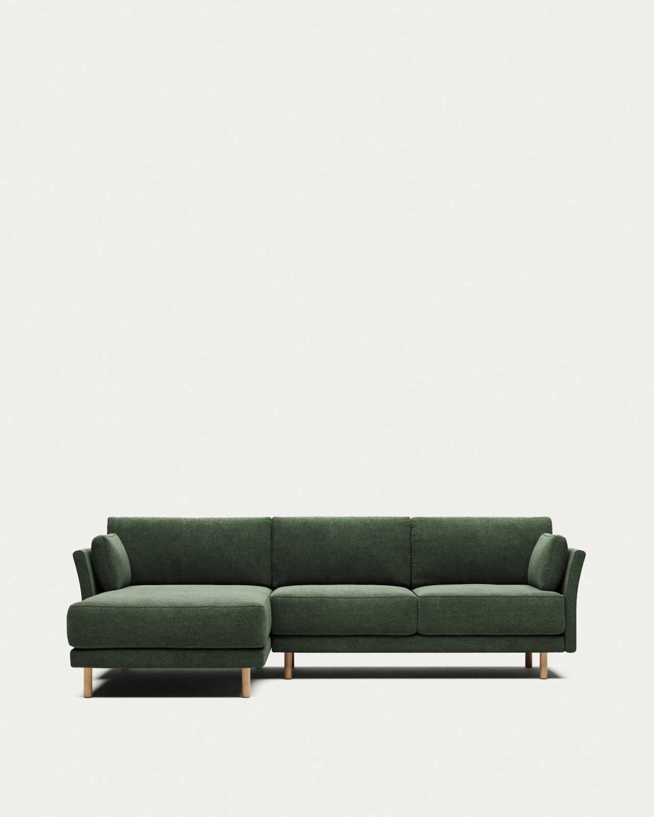 Gilma fire-retardant 3-seater sofa with right/left chaise longue in green chenille with natural-finish legs 260cm