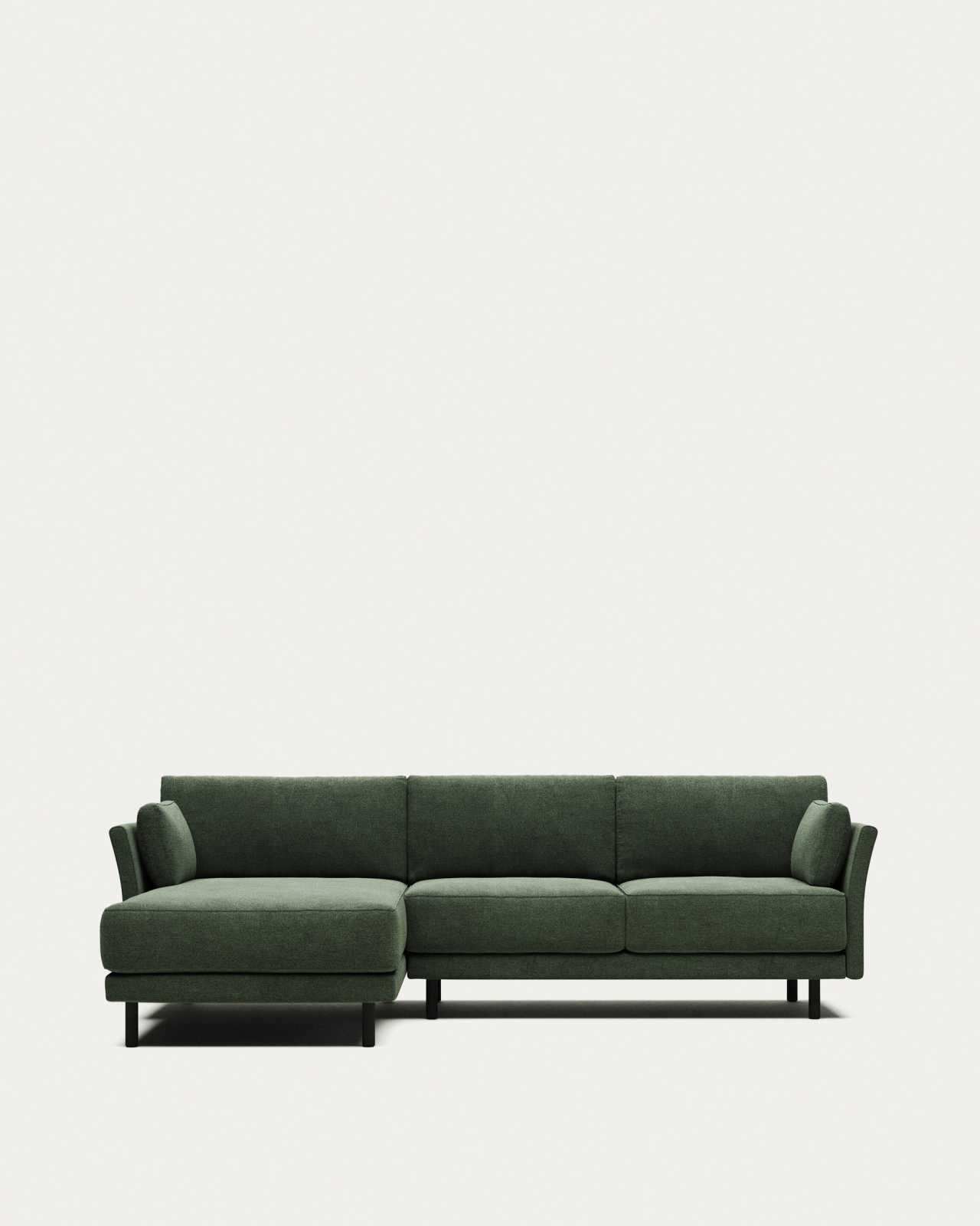 Gilma fire-retardant 3-seater sofa with right/left chaise longue in green chenille with black legs 260cm