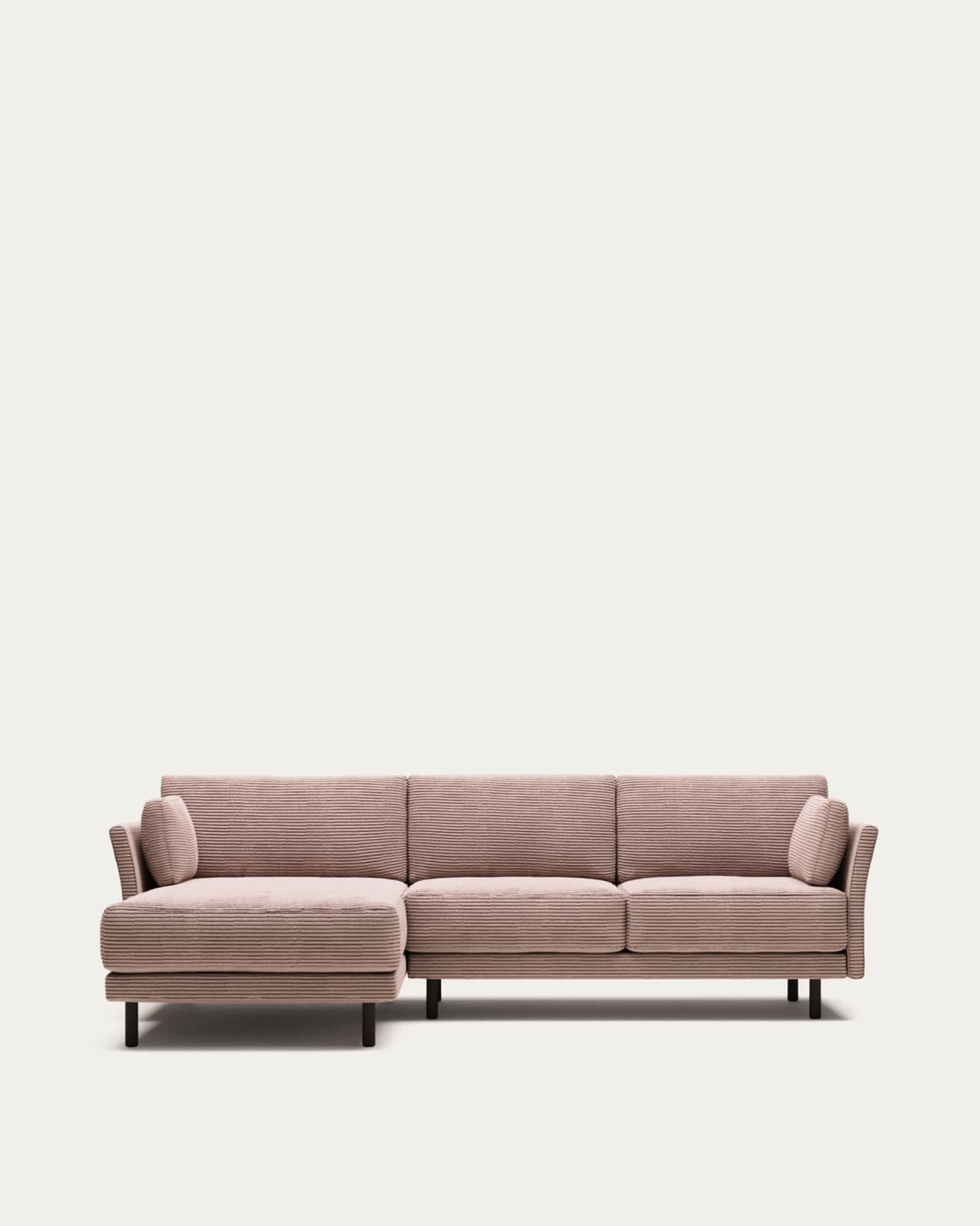 Gilma fire-retardant 3-seater sofa with right/left chaise longue in thick pink corduroy with black-finish legs 260cm