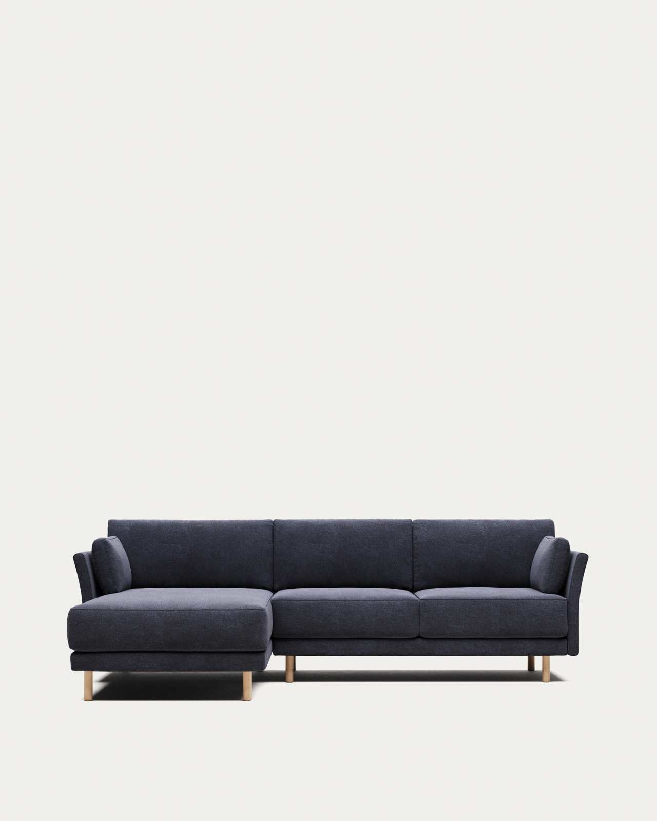 Gilma fire-retardant 3-seater sofa with right/left chaise longue in blue chenille with natural-finish legs 260cm