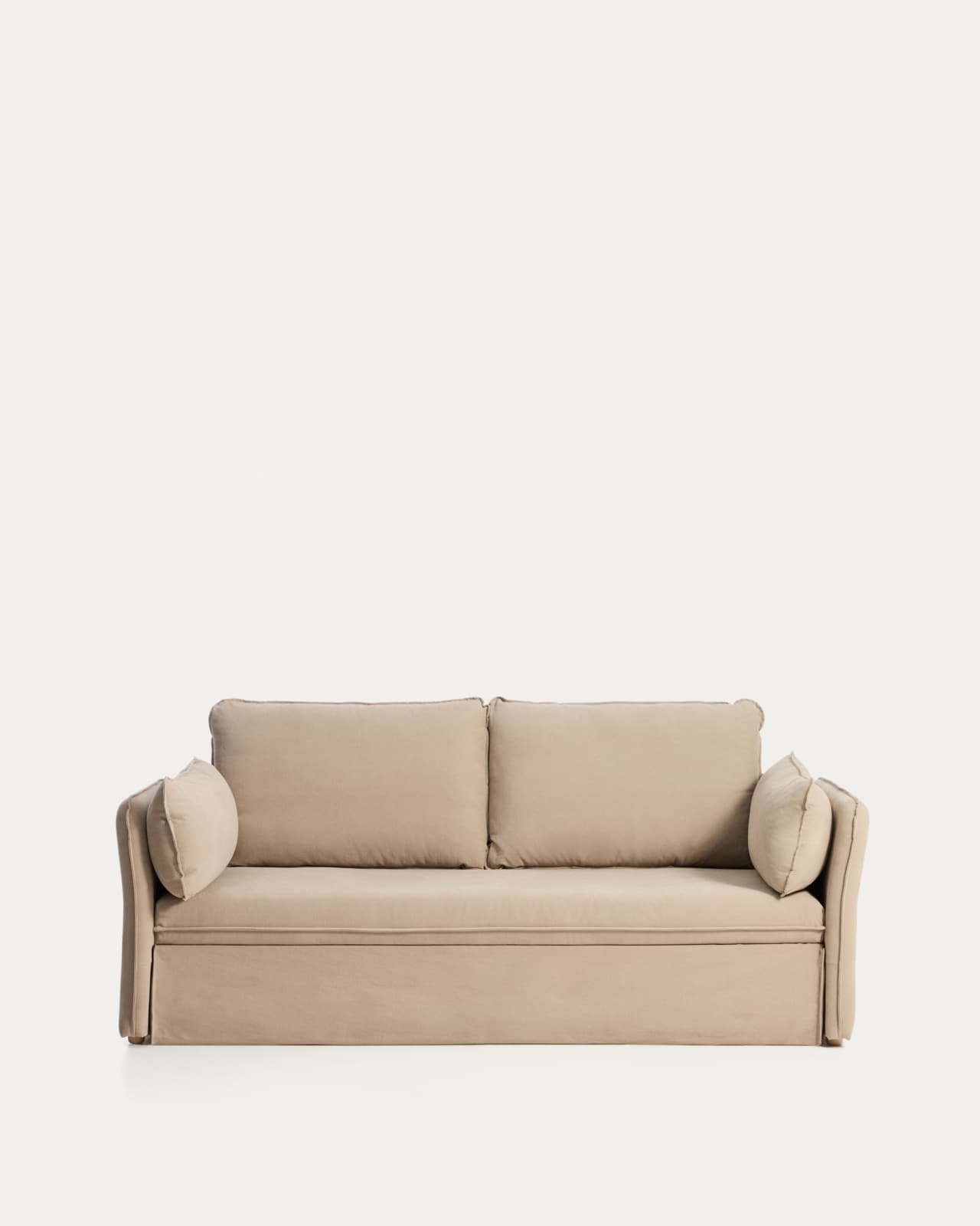 Tanit Schlafsofa beige und Beine aus massivem Buchenholz mit natürlichem Finish 210 cm FSC Mix Credit
