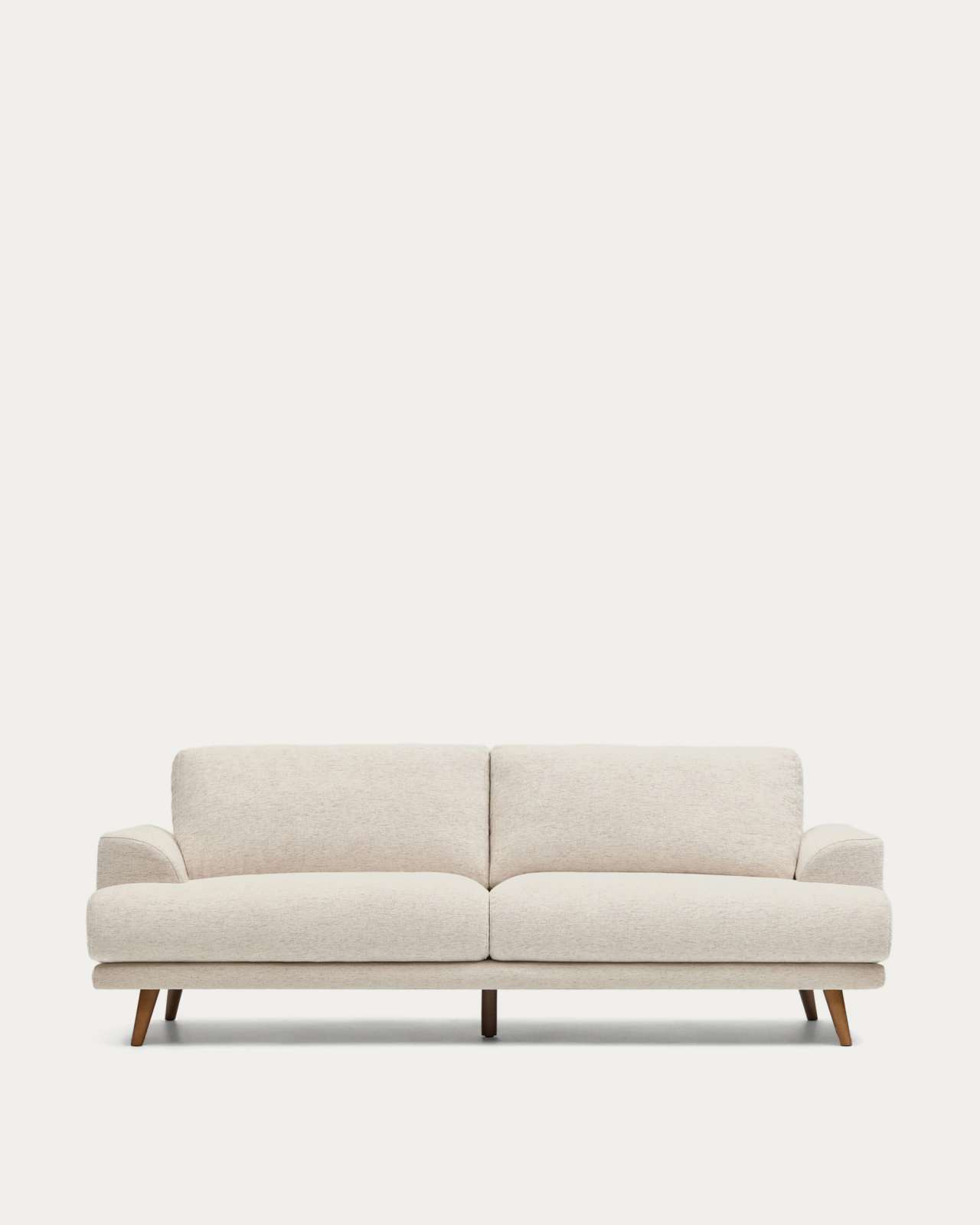 Karin beige 3-seater sofa with solid beech wood legs in walnut-tone finish 231 cm