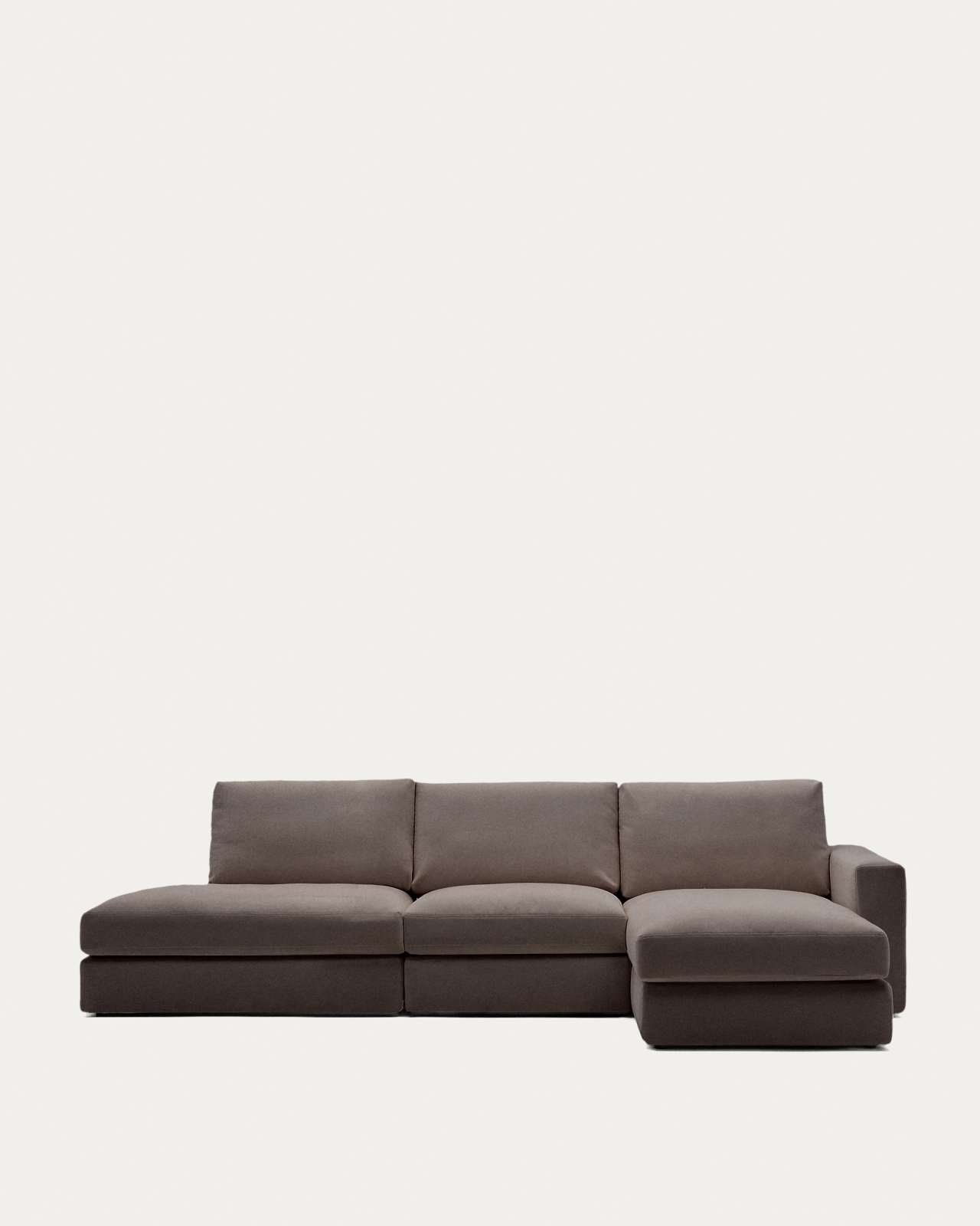 Modulares Sofa Alea für 5 Personen mit abnehmbarem Bezug aus dunkelbrauner Chenille und Chaiselongue rechts, 340 cm