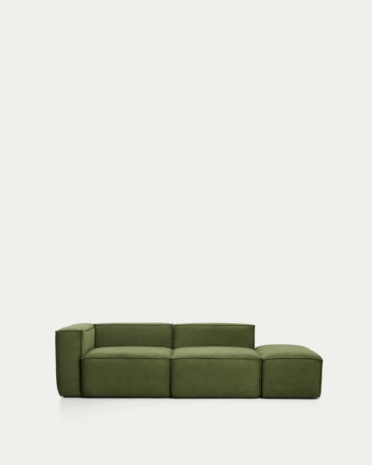 Blok 3-seater sofa with left armrest and end pouffe in thick green corduroy 270cm FSC Mix Credit