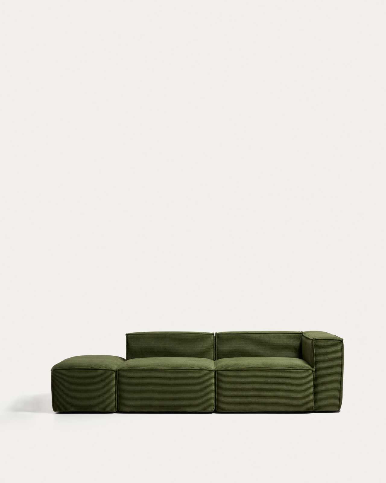 Blok 3-seater sofa with right armrest and end pouffe in thick green corduroy 270cm FSC Mix Credit