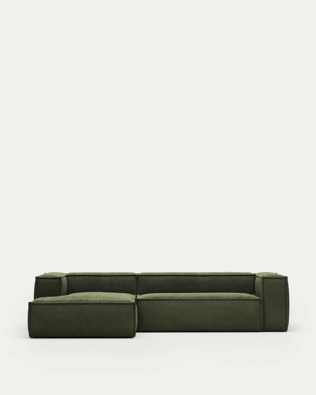 Blok fire-retardant 3-seater sofa with left chaise longue in thick green corduroy 300cm FSC Mix Credit