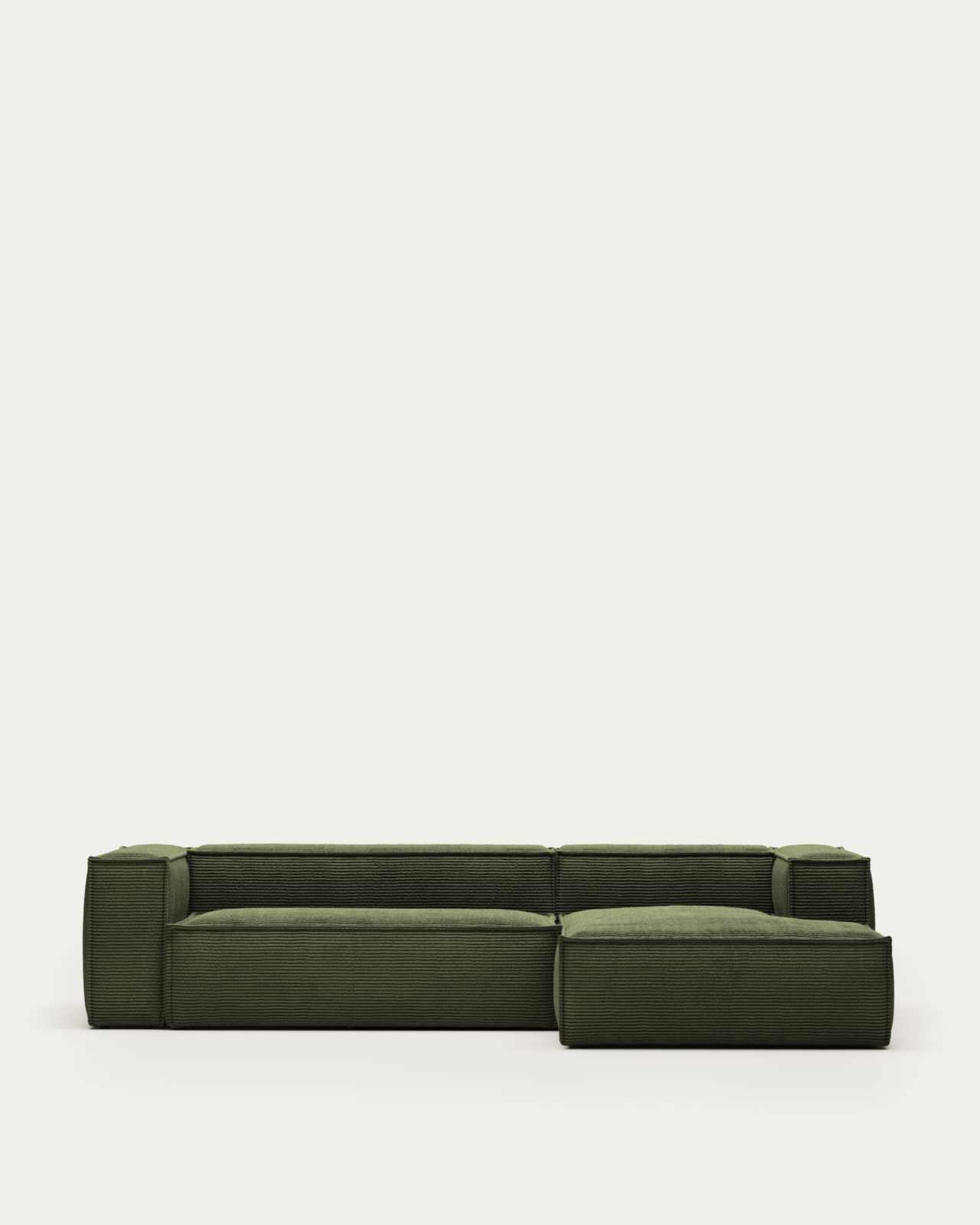 Blok fire-retardant 3-seater sofa with right chaise longue in thick green corduroy 300cm