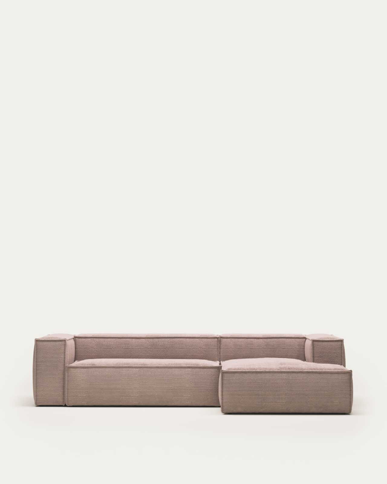 Blok fire-retardant 3-seater sofa with right chaise longue in thick pink corduroy 300cm