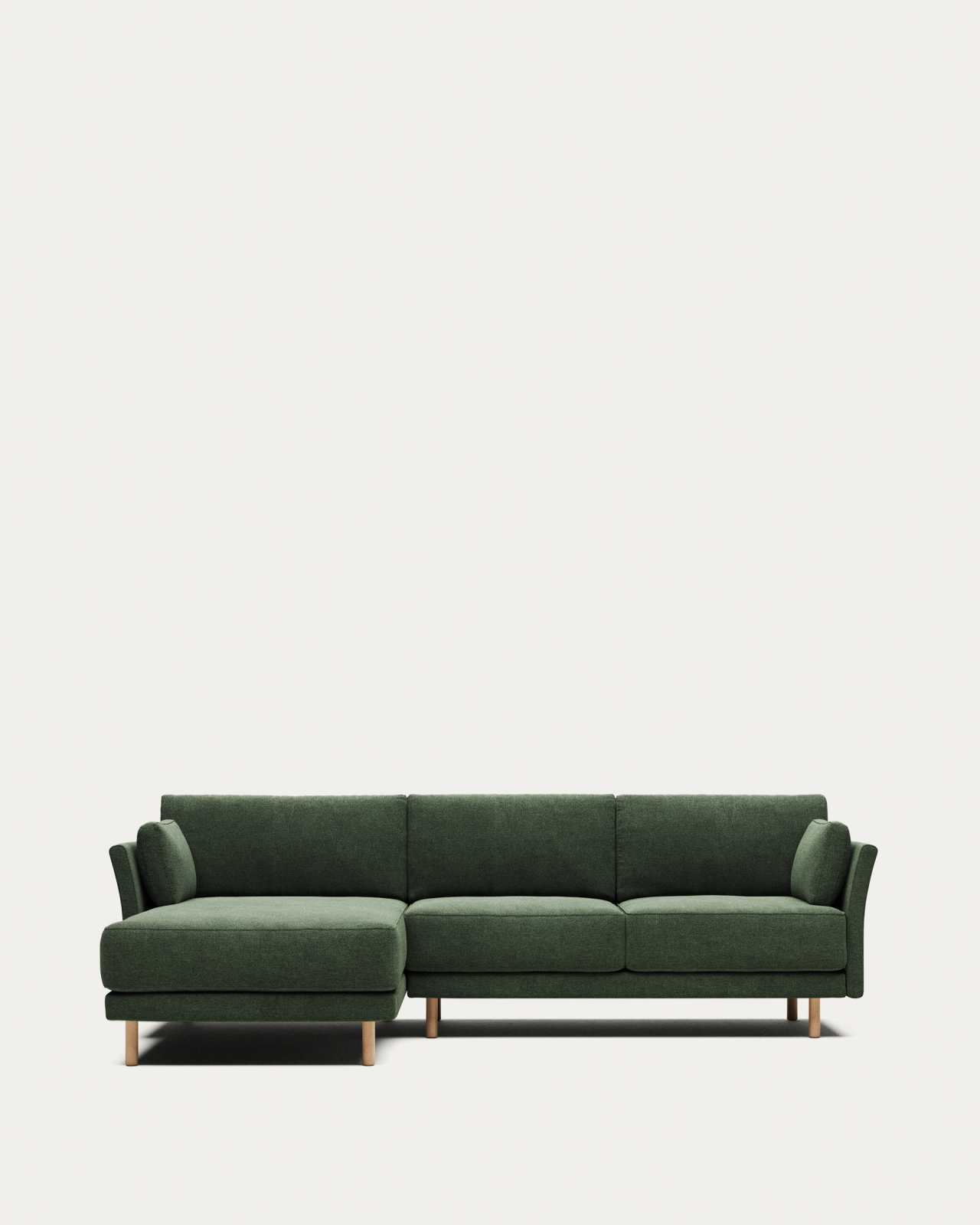 Gilma fire-retardant 3-seater sofa with right/left chaise longue in green chenille with natural-finish legs 260cm