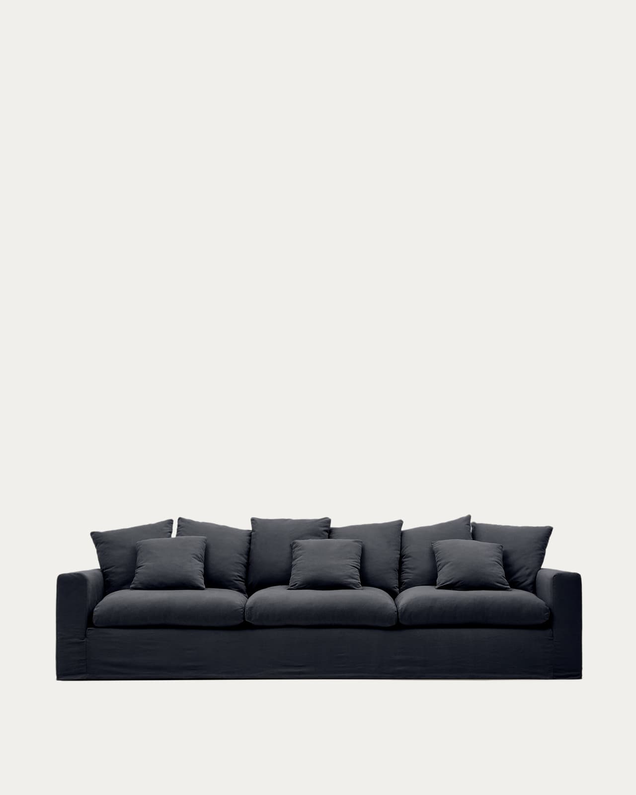 Nora 4-seater sofa with removable cover with linen and cotton cushions in anthracite grey 340cm