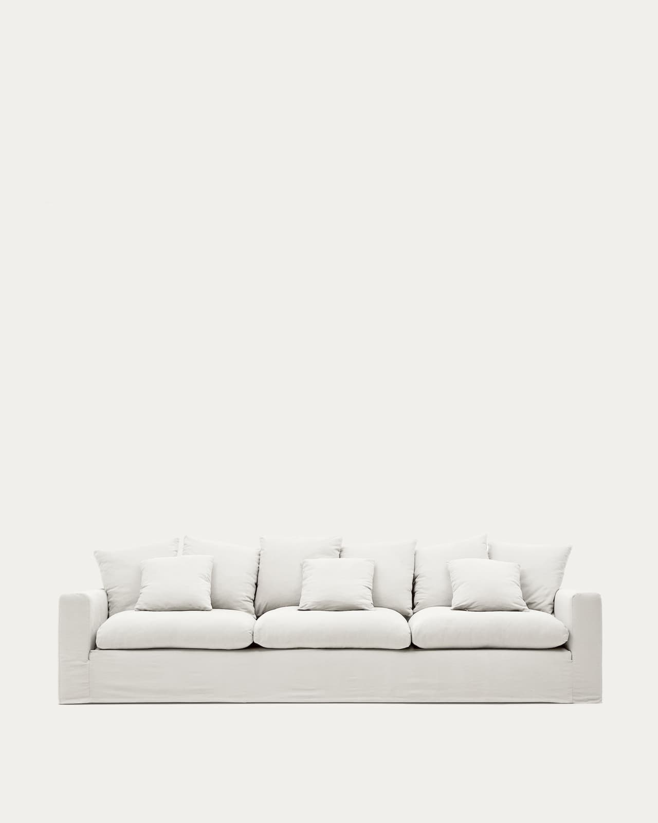 Nora 4-seater sofa with removable cover with linen and cotton cushions in ecru 340cm