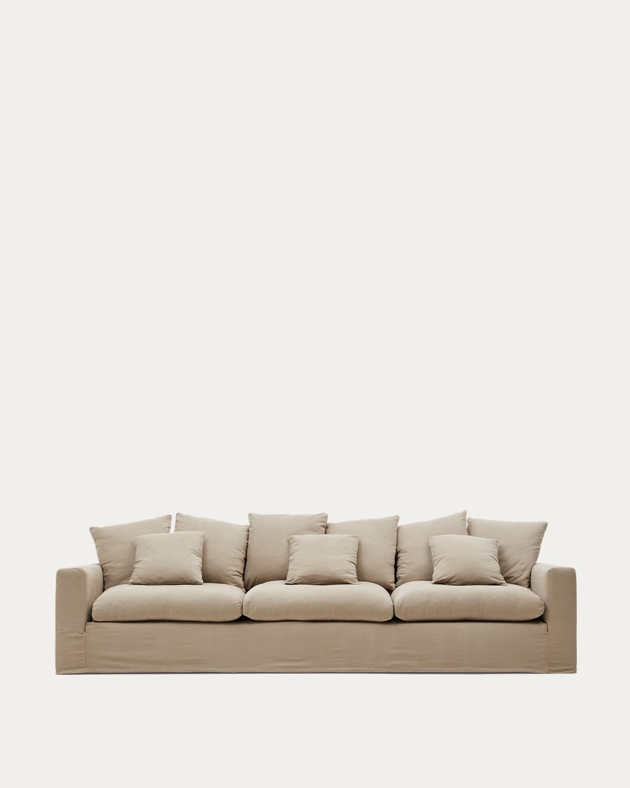 Nora 4-seater sofa with removable cover with linen and cotton cushions in taupe 340cm