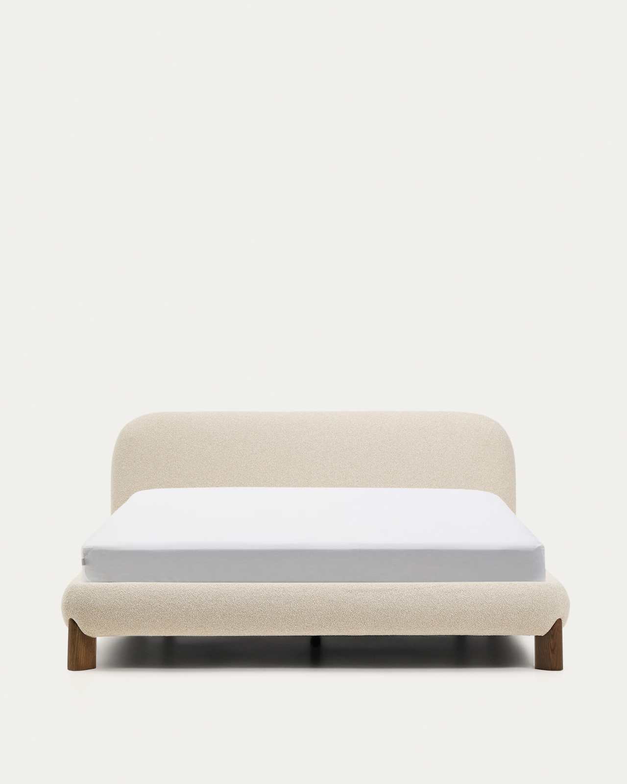 Odina ecru bouclé bed with removable cover and solid ash wood legs with walnut finish for 160 x 200cm mattress