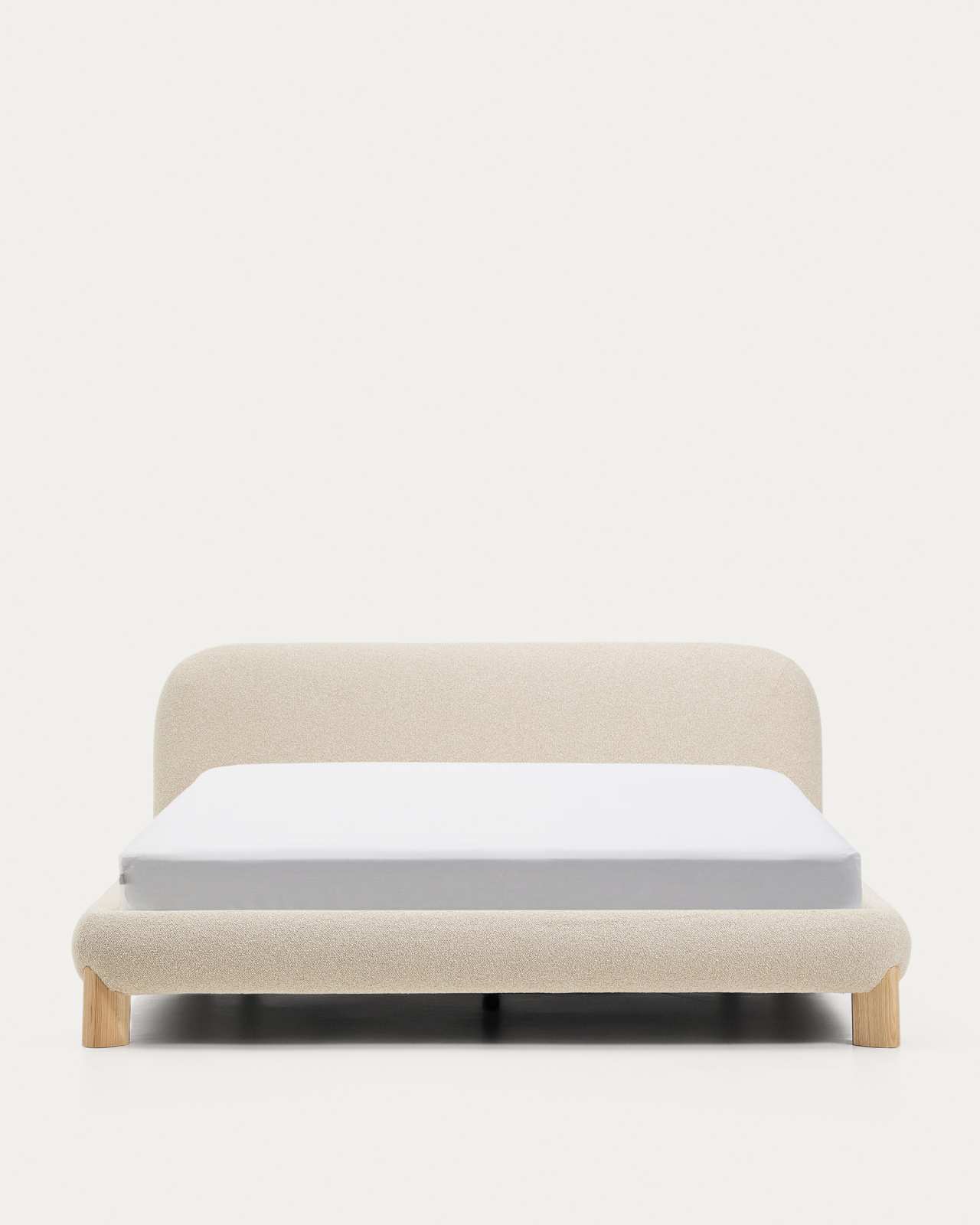 Odina ecru bouclé bed with removable cover and solid ash wood legs with natural finish for 180 x 200cm mattress