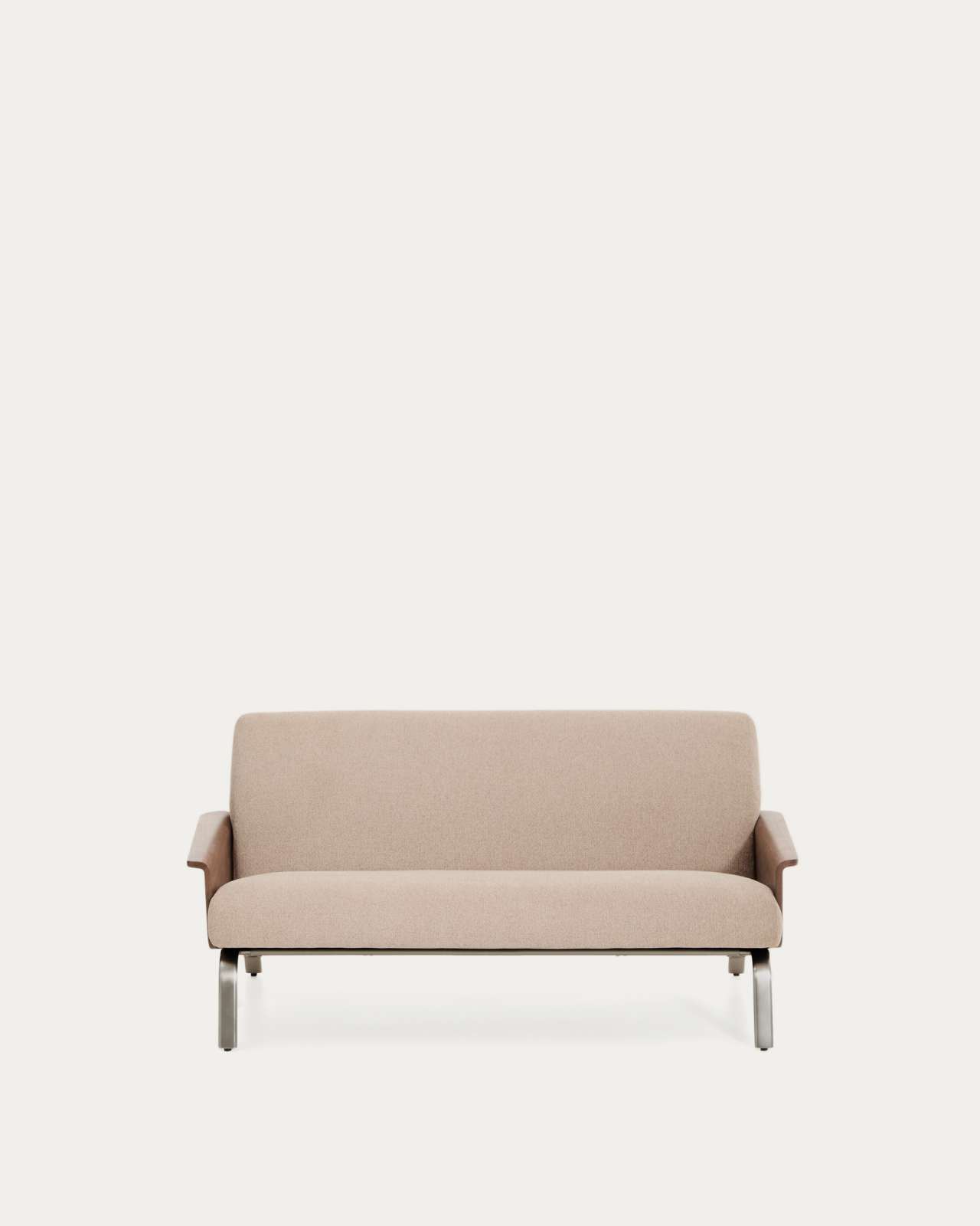 Amsen light brown 2-seater sofa in walnut plywood with brushed stainless steel legs 165cm
