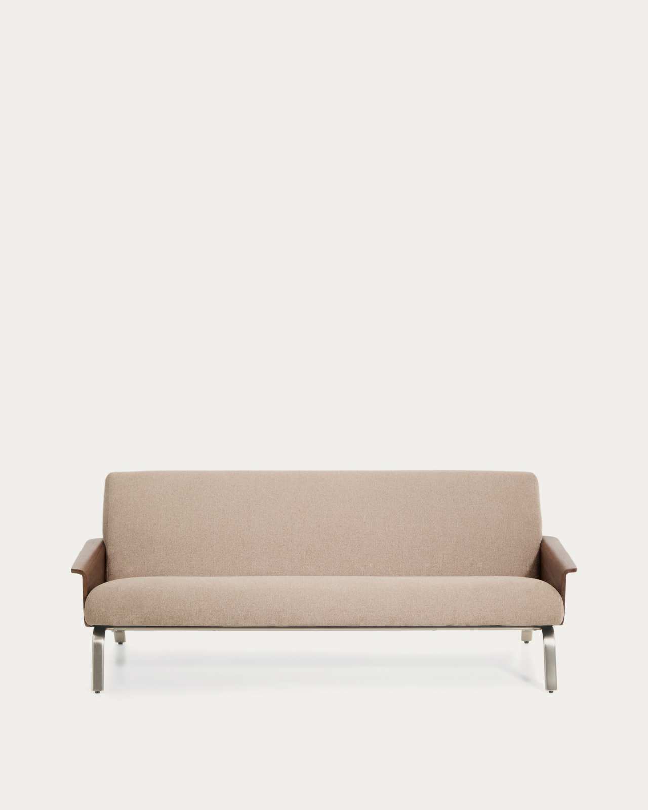 Amsen light brown 3-seater sofa in walnut plywood with brushed stainless steel legs 205cm