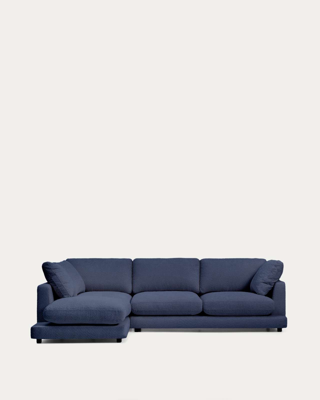 4-Sitzer-Sofa Gala in blauem, schwer entflammbarem Lammfellimitat mit Chaiselongue links, FSC Mix Credit, 300 cm