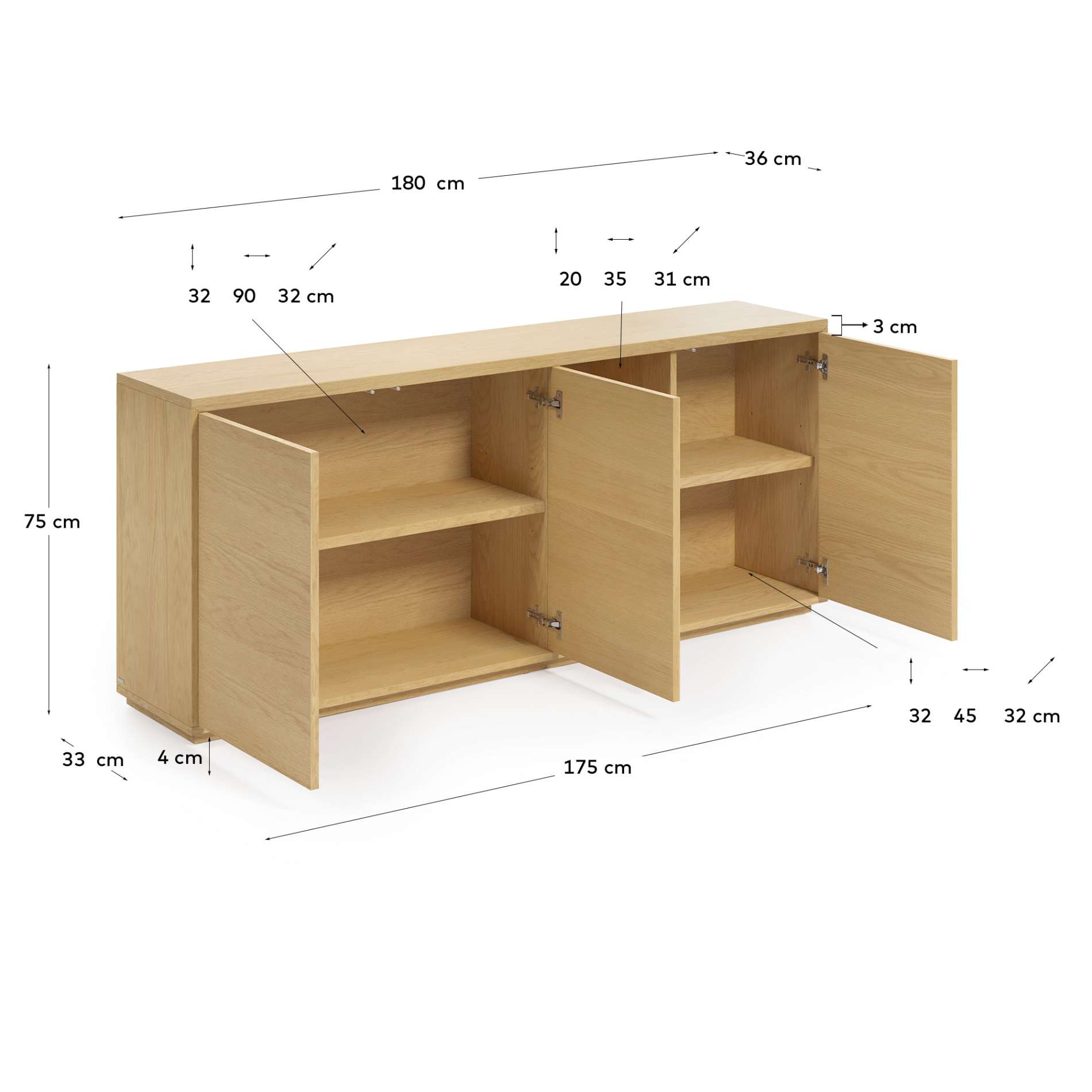 Aparador Abilen 3 puertas de chapa roble 180 x 75 cm FSC 100%