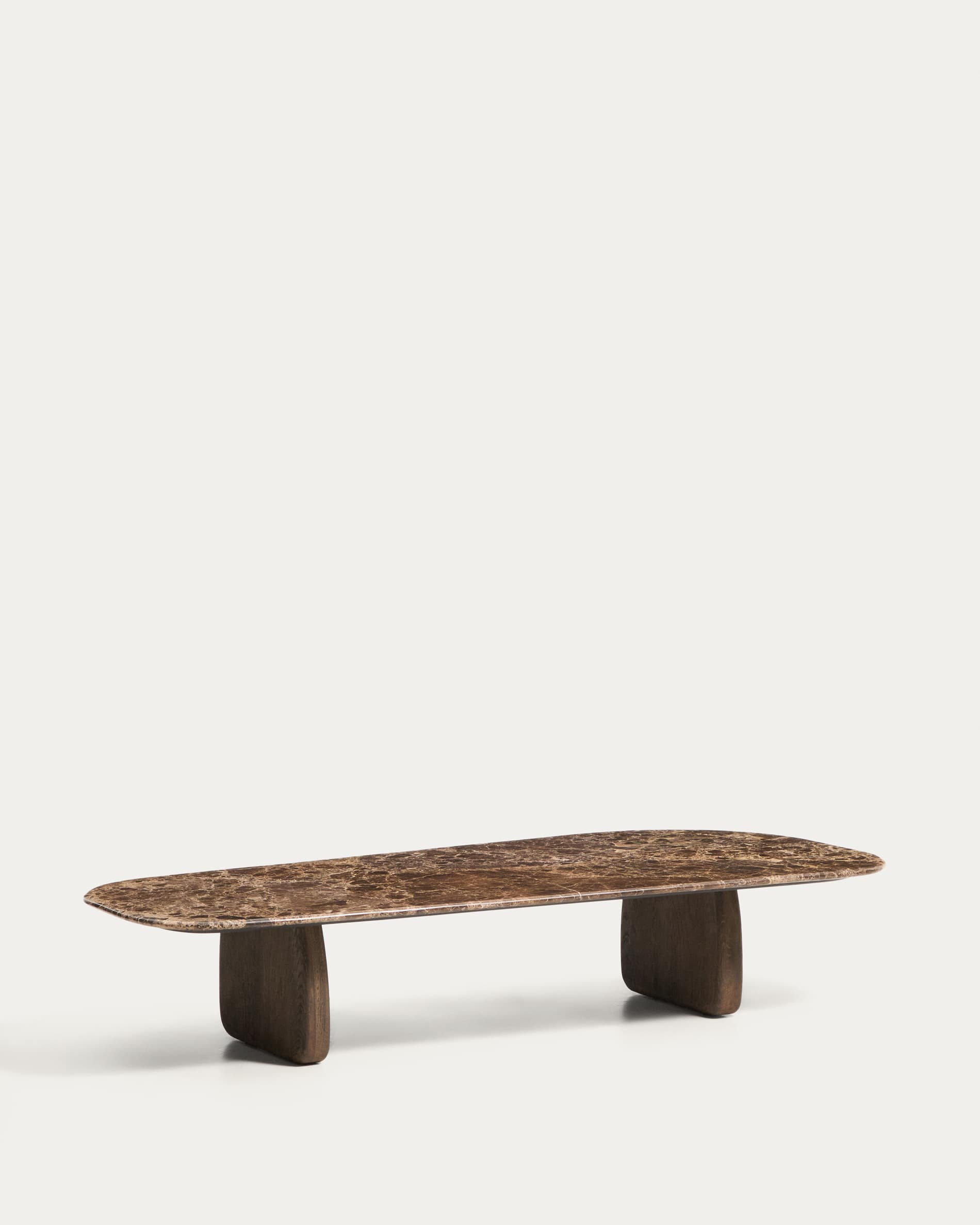 Pirita coffee table in brown marble with solid oak wood legs with a dark finish 147 x 65cm FSC 100%