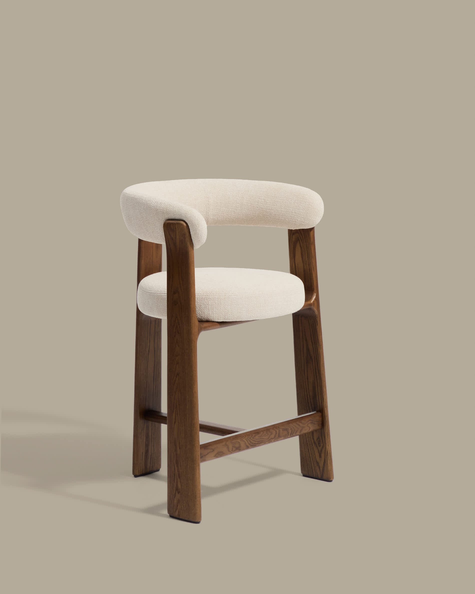 Granite stool with 3 legs in beige chenille and solid ash wood with walnut finish FSC 100% 65cm
