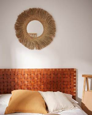 Calixta solid teak wood and leather headboard, for 150 cm beds